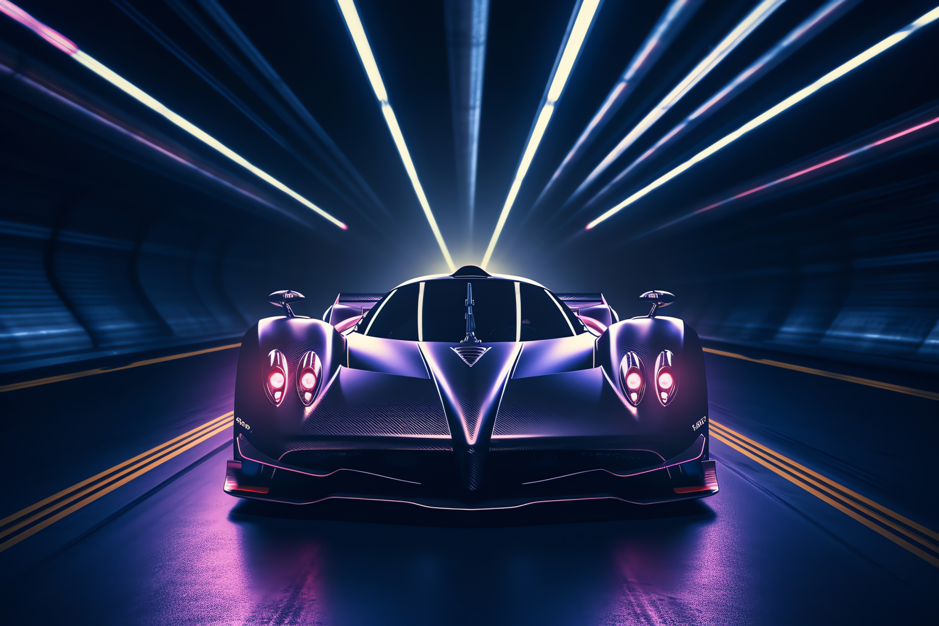 Pagani Zonda F Futuristic, Tunnel vision speed, Auto illumination, Neon streaks, Advanced sports car, HD Desktop Wallpaper