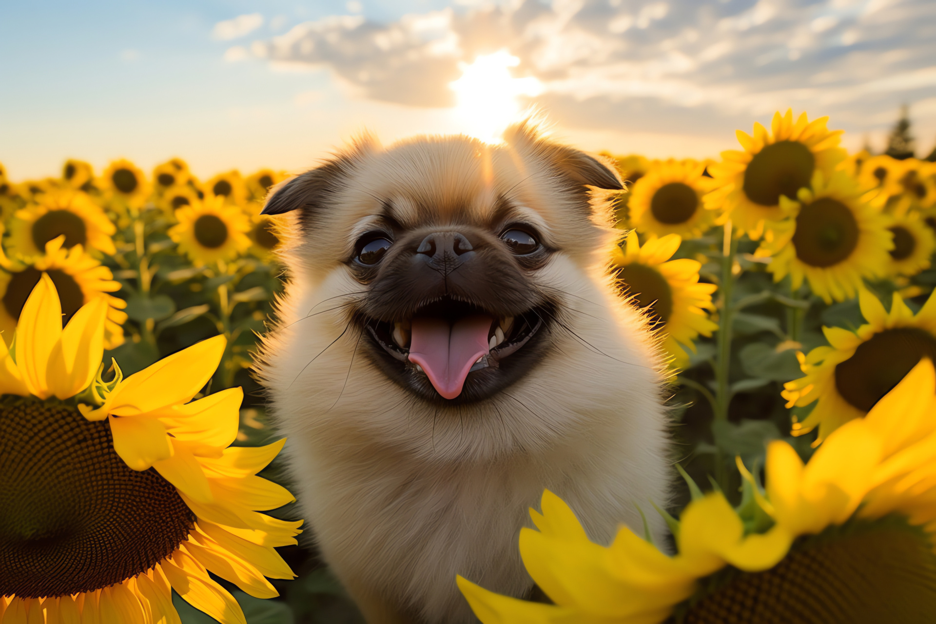 Pug juvenile, vivid canine gaze, long canine hair, lustrous gold fur, wagging canine appendage, HD Desktop Wallpaper