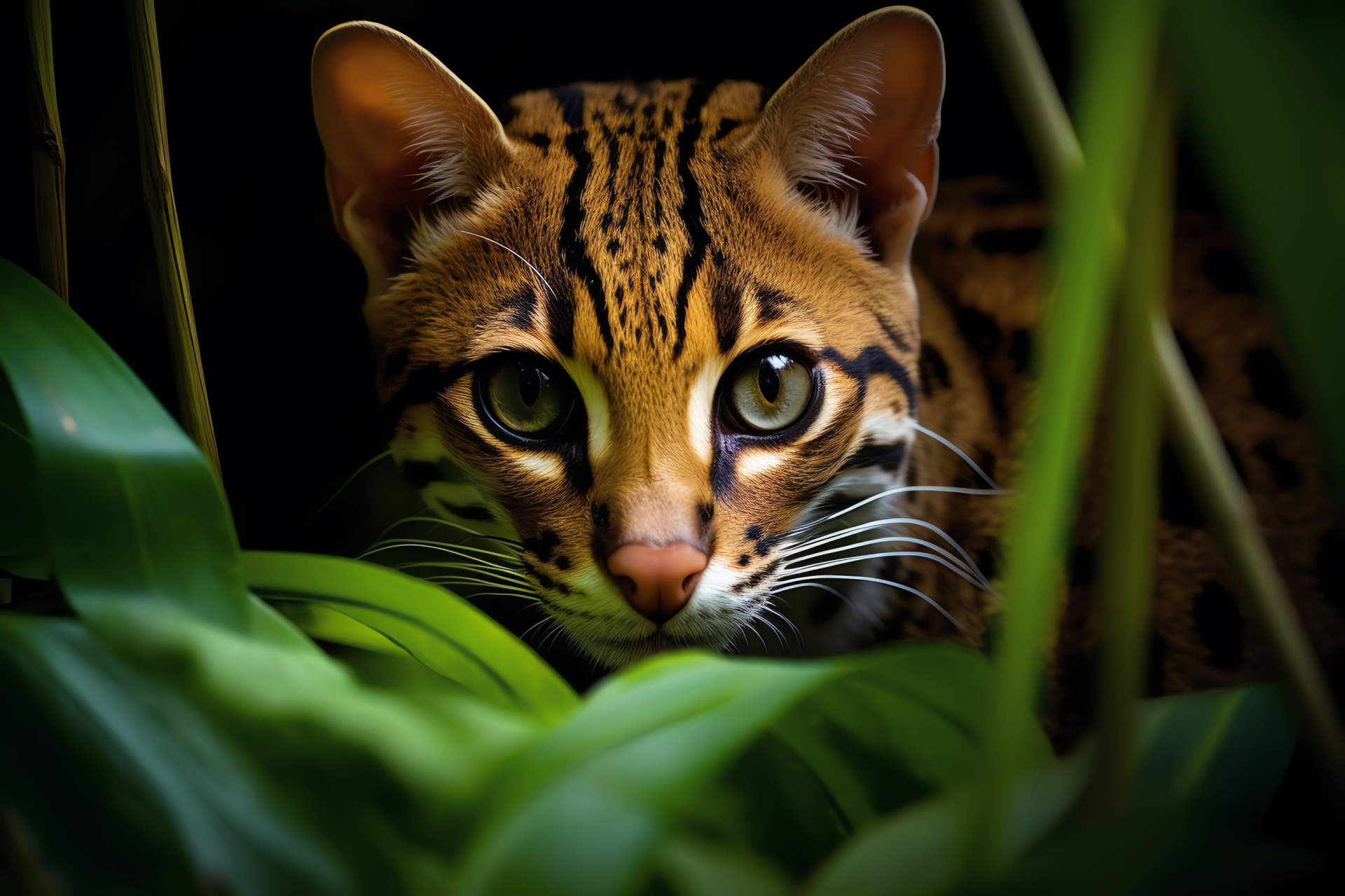 Ocelot, Wild feline, Tropical Rainforest dweller, Spotted fur pattern, Big cat species, HD Desktop Image