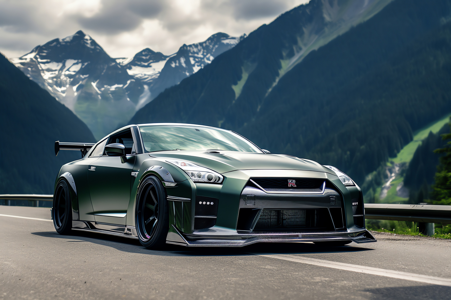 Nissan GTR Liberty Walk Swiss mountainous scene, Challenging alpine turns, Valley greenery contrast, Car exterior details, Sports model agility, HD Desktop Image