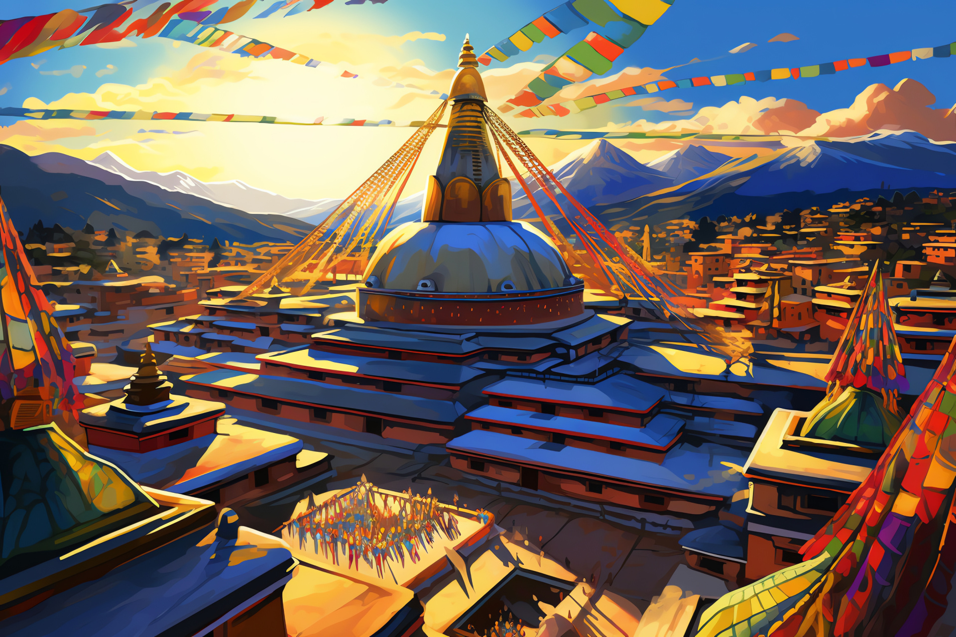 Boudhanath sacred site, Tibetan Buddhism monument, Heritage aerial perspective, Faithful adornments, Spiritual flags, HD Desktop Wallpaper