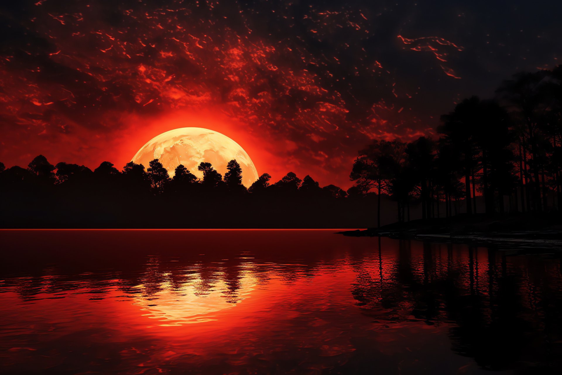 Lunar majesty, deep crimson orb, contrast lunar landscape, celestial craters, HD Desktop Wallpaper
