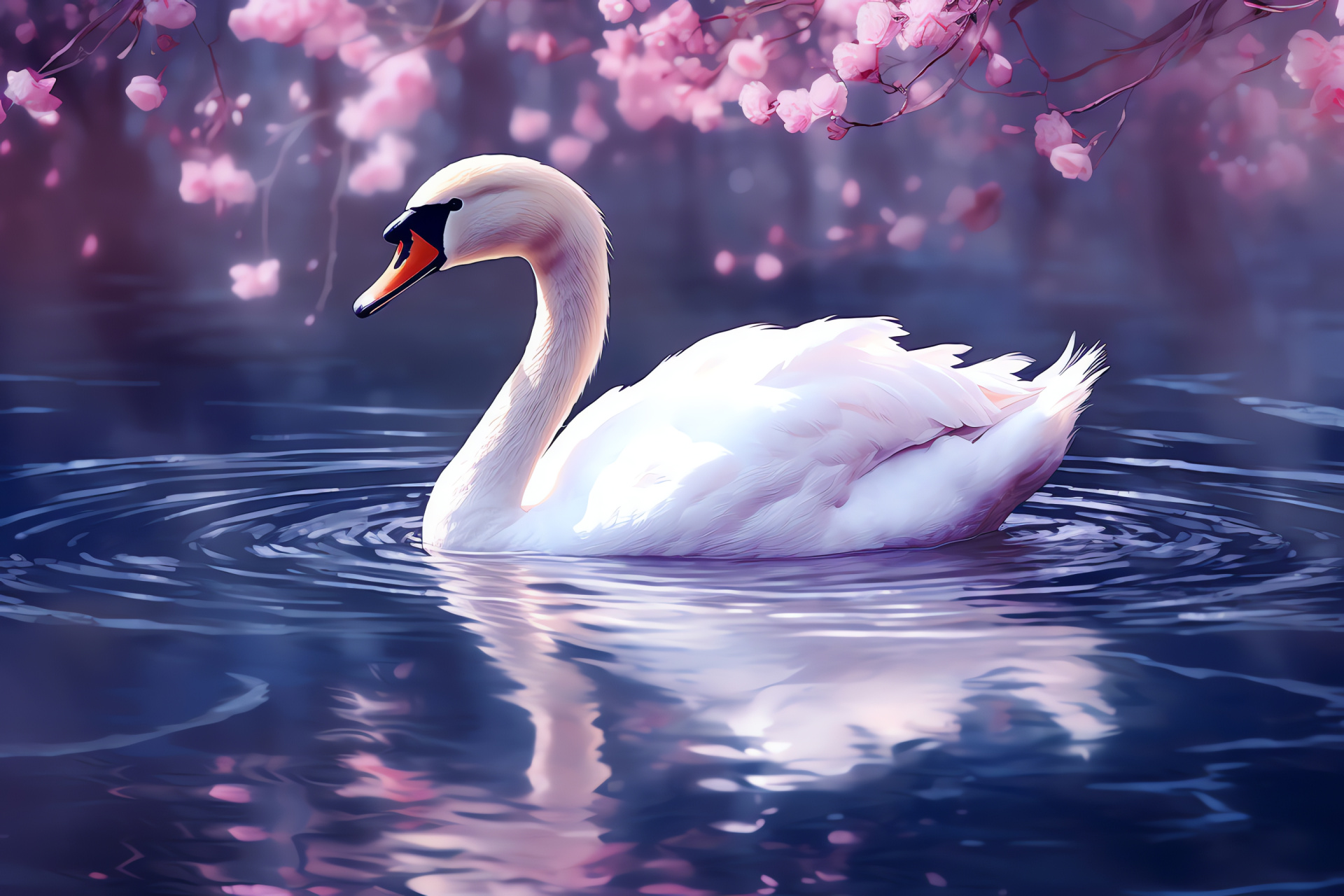 Swan poise, Delicate features, Soft pink plumage, Graceful waterbird, Luminous appearance, HD Desktop Image