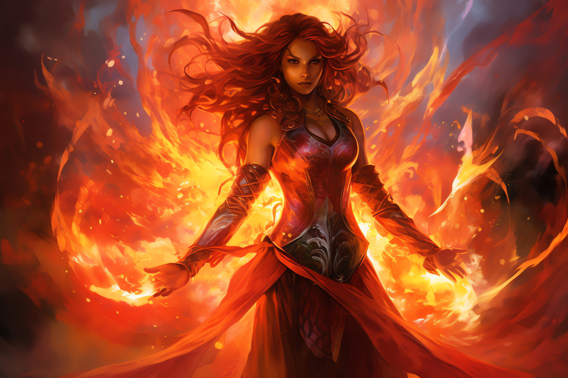 Chandra Nalaar portrayal, Fiery red locks, Pyromancer stance, Intense energy, Magic The Gathering figure, HD Desktop Image