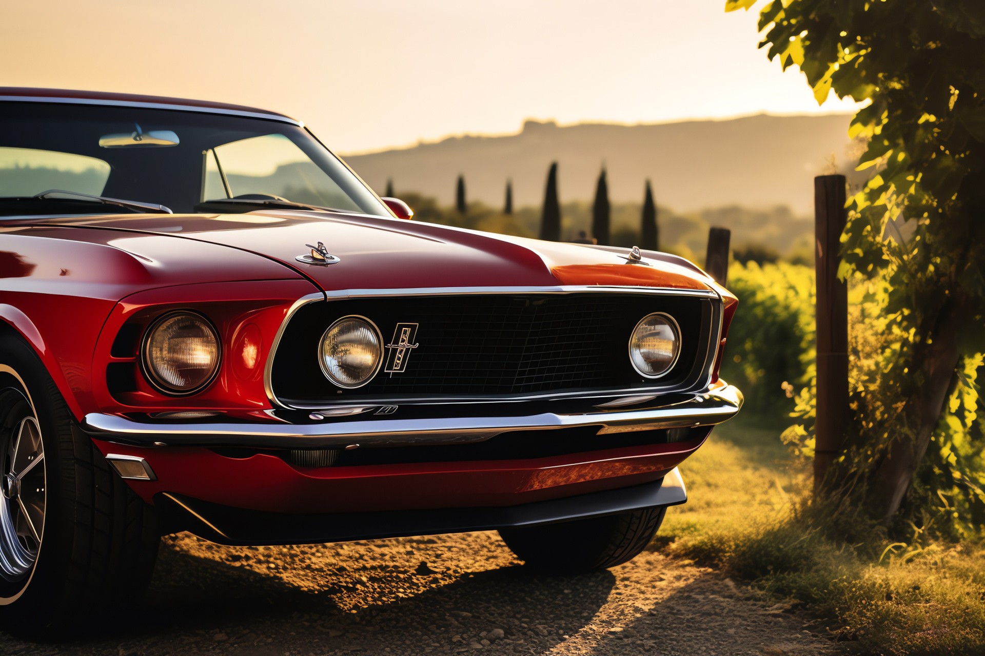 Ford Mustang Mach 1, Close-up muscle car, Tuscany autoscape, Mach 1 muscle, Italian vineyard, HD Desktop Wallpaper