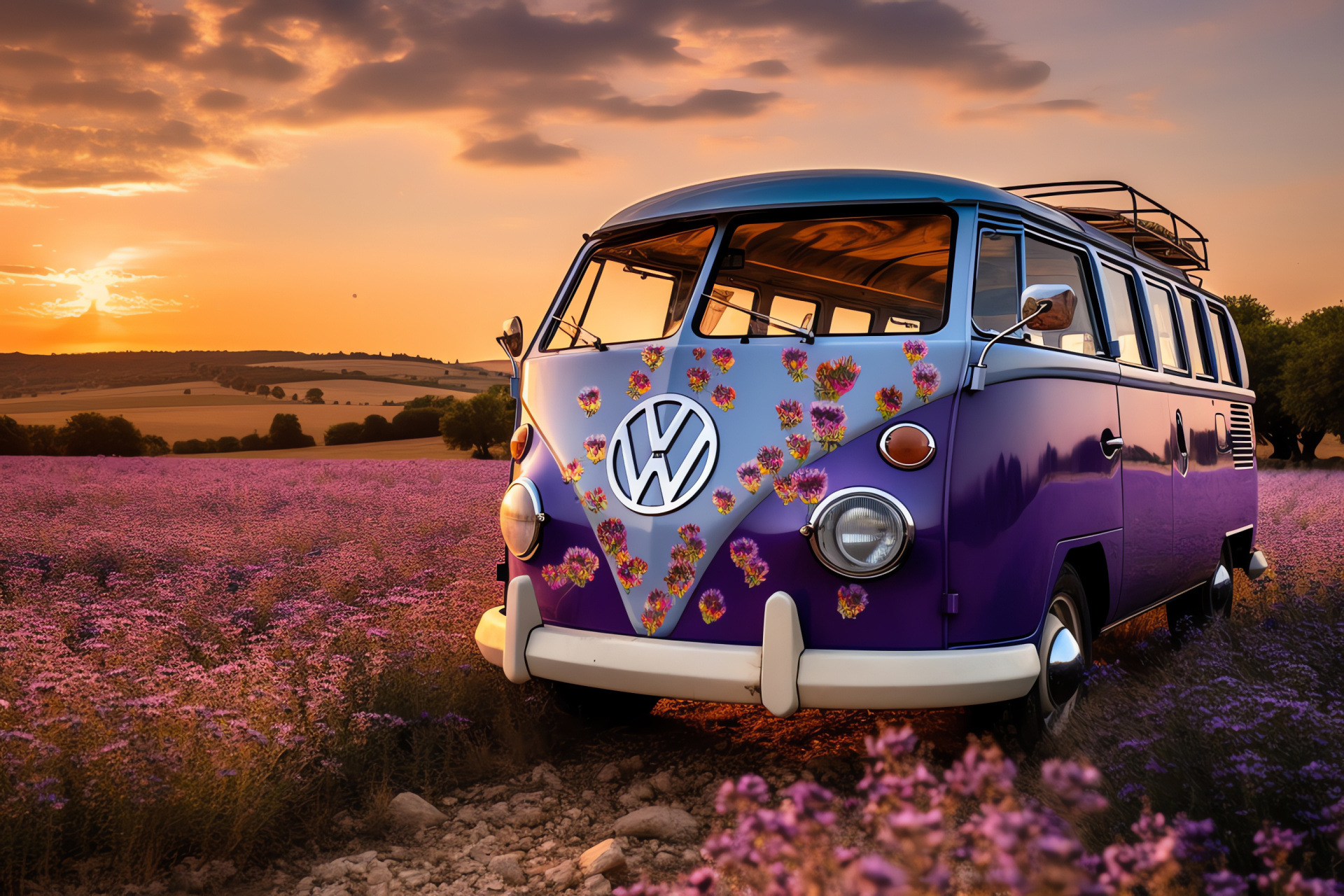 VW Bus amidst Provencal flora, iconic paintwork, fragrant lavender fields, boho vehicle vibe, sunlit rural freshness, HD Desktop Image