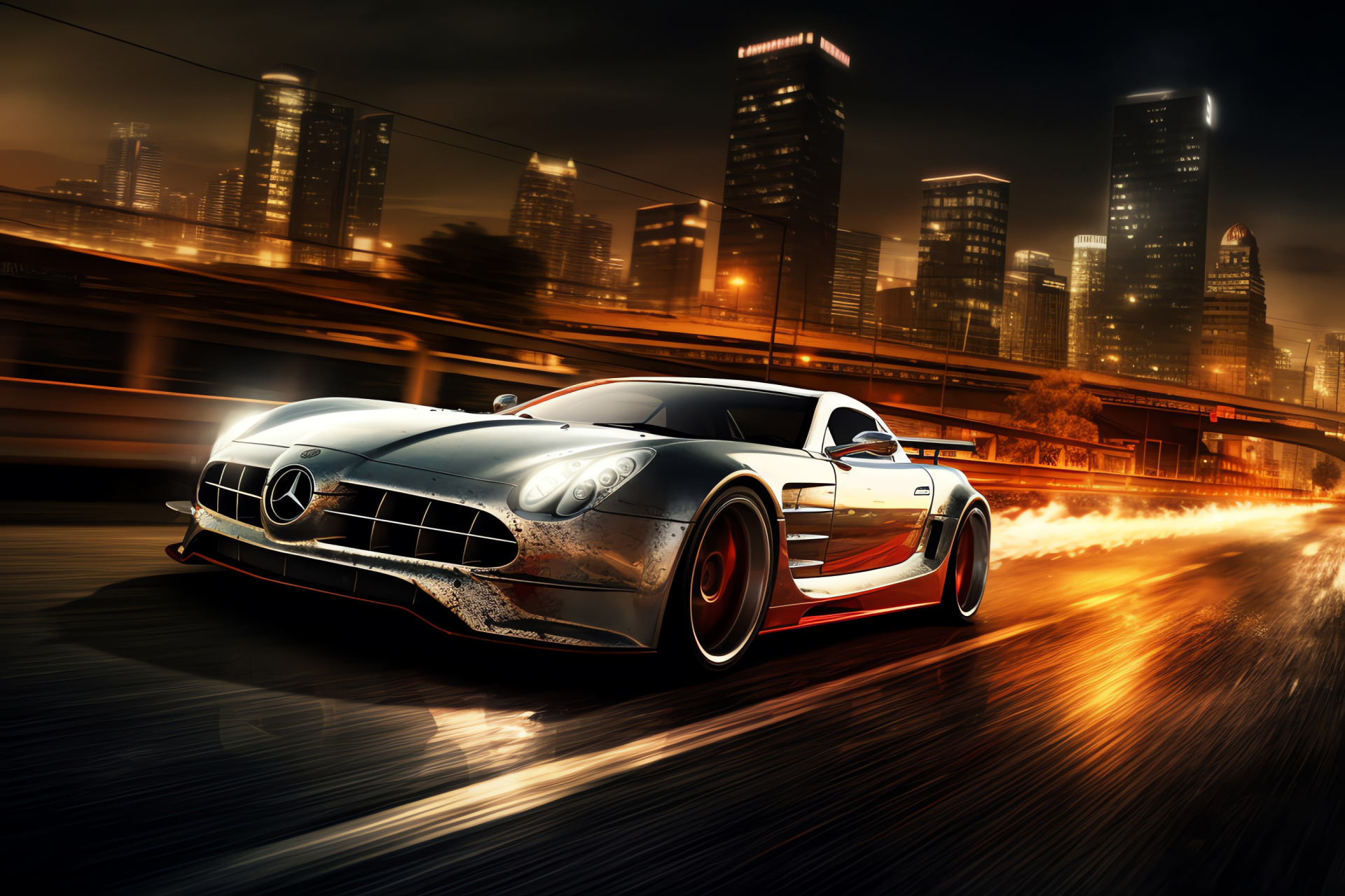 NFS high-speed pursuit, Mercedes-Benz SLR, Metropolitan roadways, Highway advert signs, Skyline vistas, HD Desktop Image