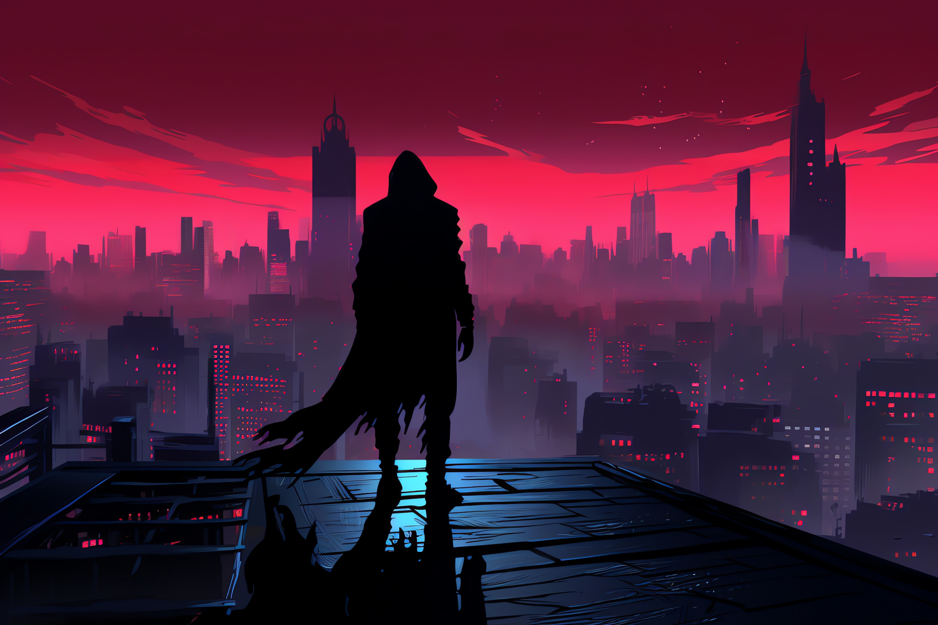 Experimental weapon, neon-lit metropolis, elusive hero, noir cape, precipice vantage, HD Desktop Image