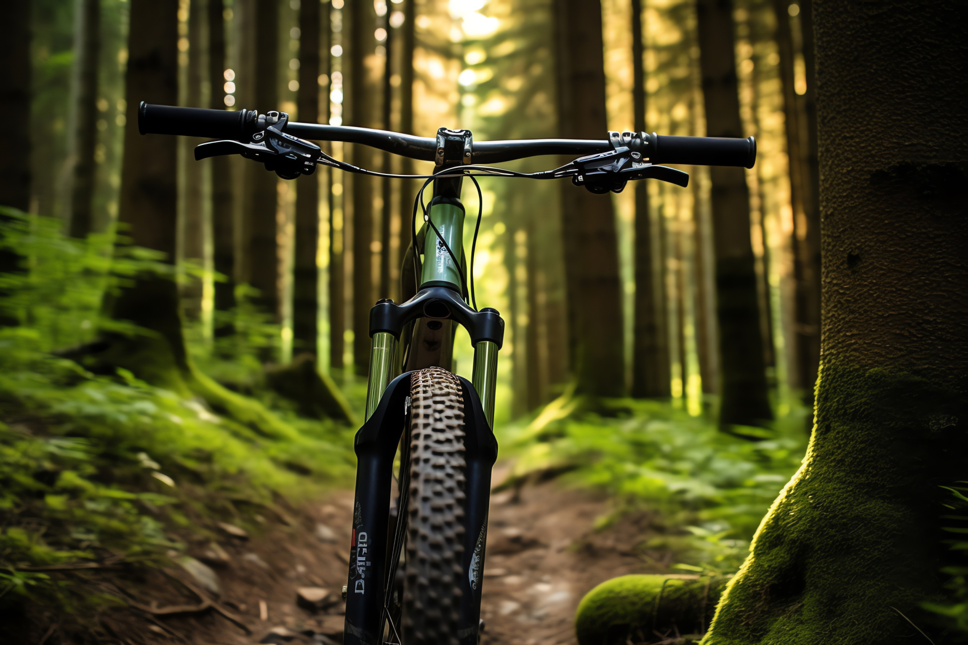 MTB forest excursion, Lush woodland pathway, Cycling through fauna, Two-tone tangible nature, Focused trail challenge, HD Desktop Wallpaper