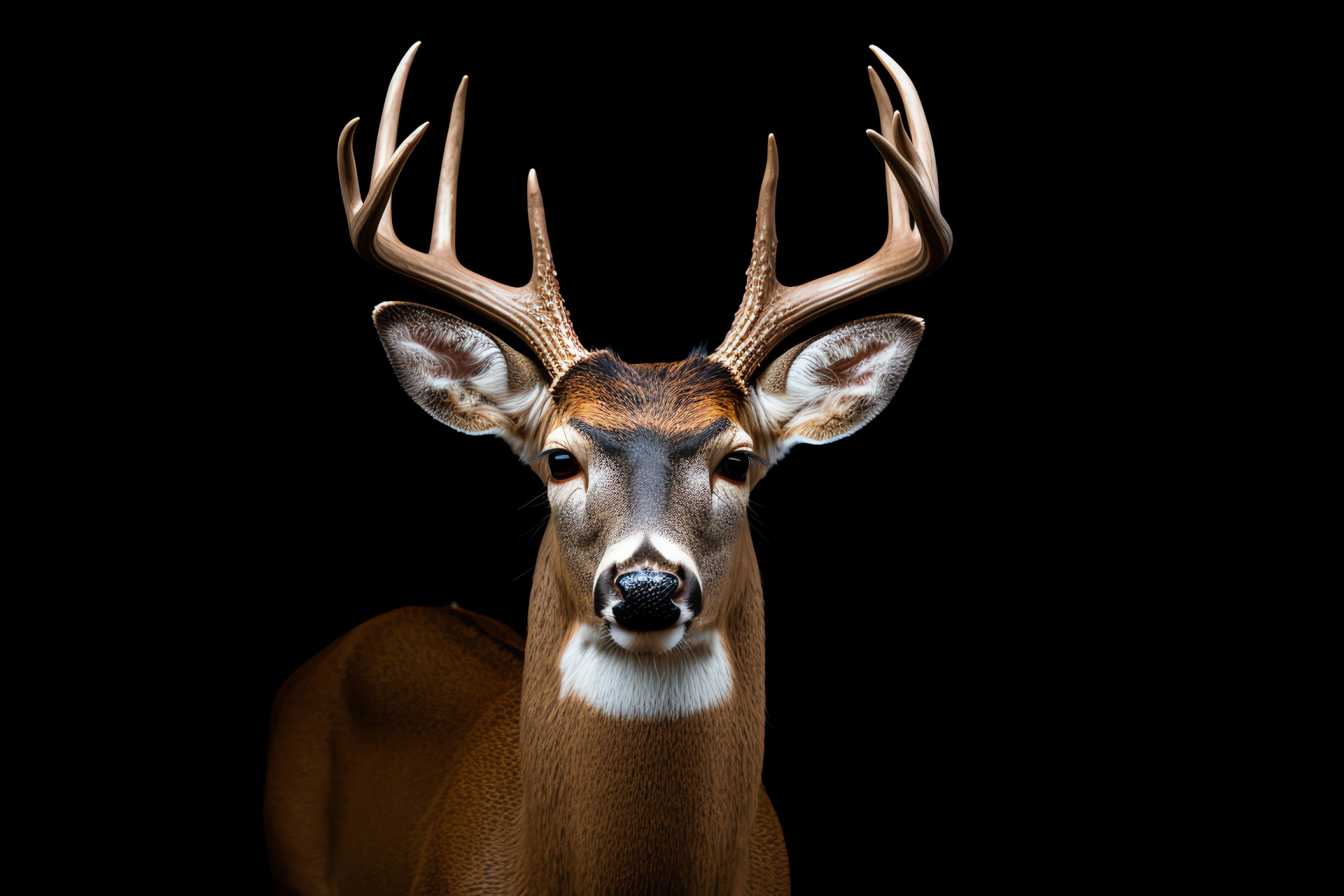 Closeup Whitetail Deer, deep cocoa fur, distinctive spots, black isolation, HD Desktop Image