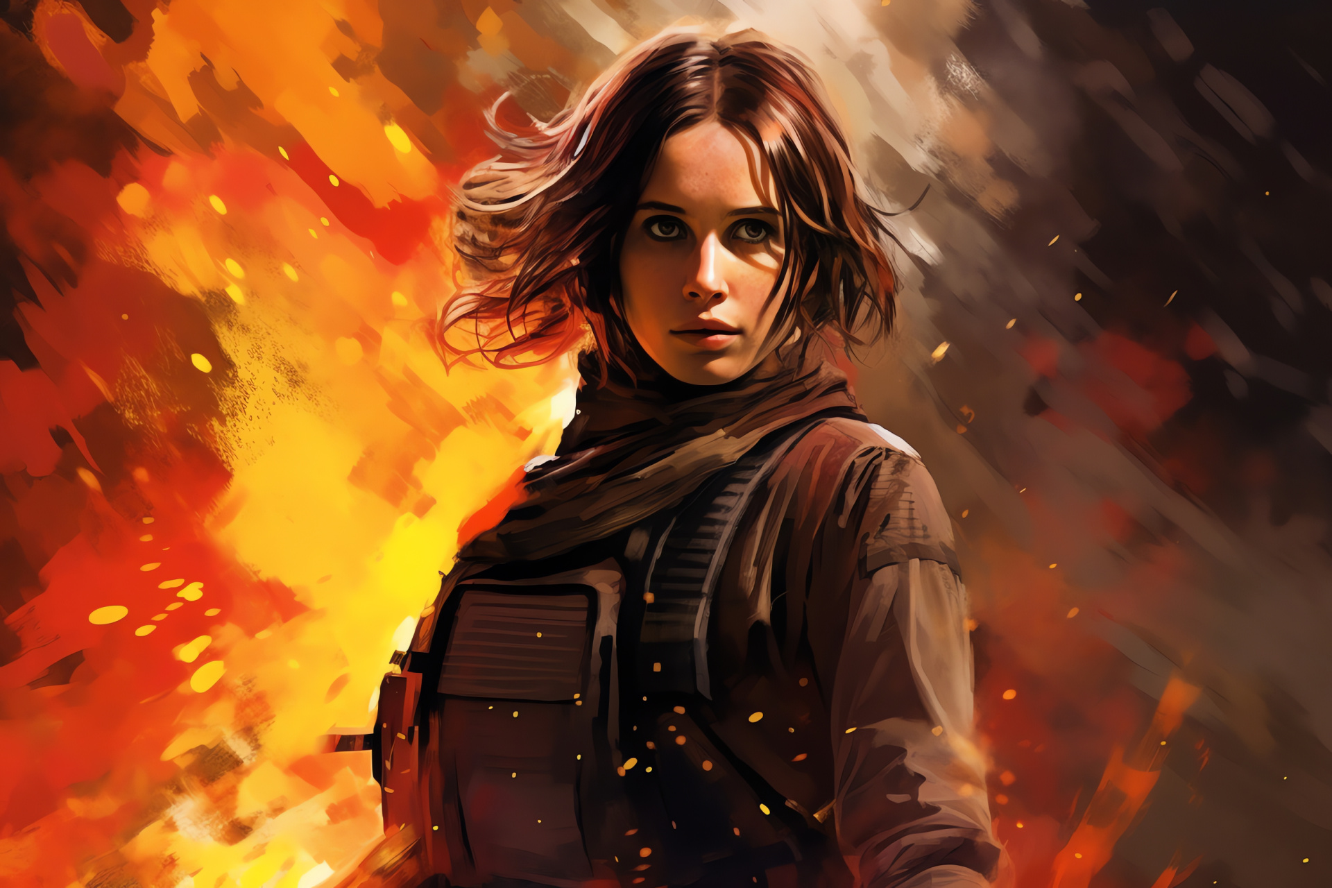 Rogue One battlefield, Jyn Erso's fight, Enemy troopers, Handgun in combat, Sci-fi heroine, HD Desktop Image