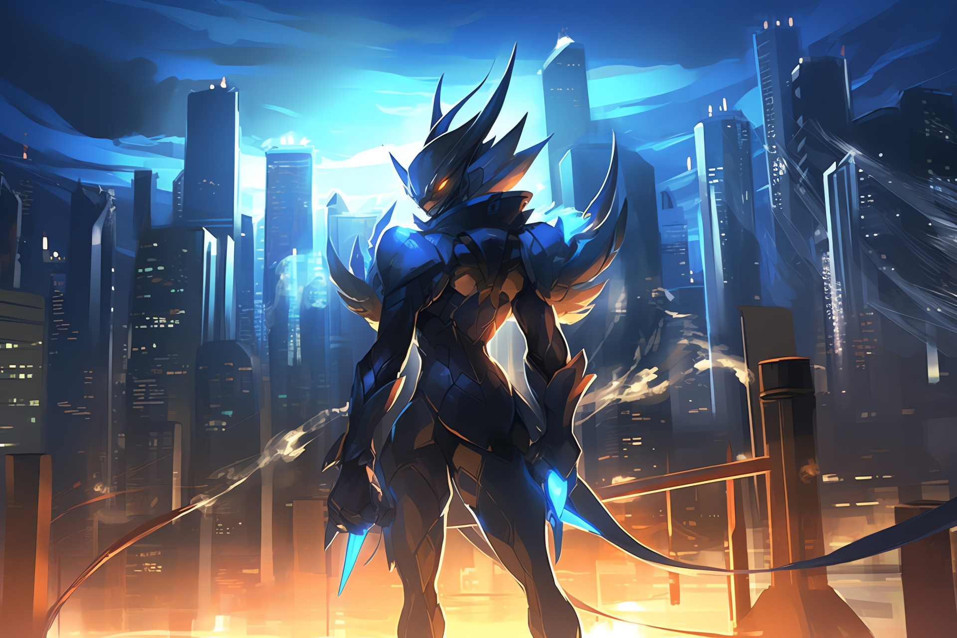 Mega Lucario, Urban background, Fighting Pokemon, City lights ambiance, Prowess showcase, HD Desktop Wallpaper