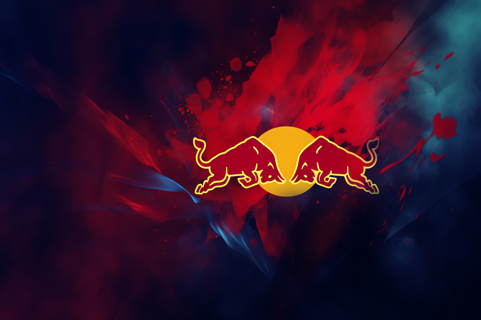 Red Bull brand symbol, Intense bull image, Strength portrayal, Metallic can representation, Beverage advertisement, HD Desktop Wallpaper