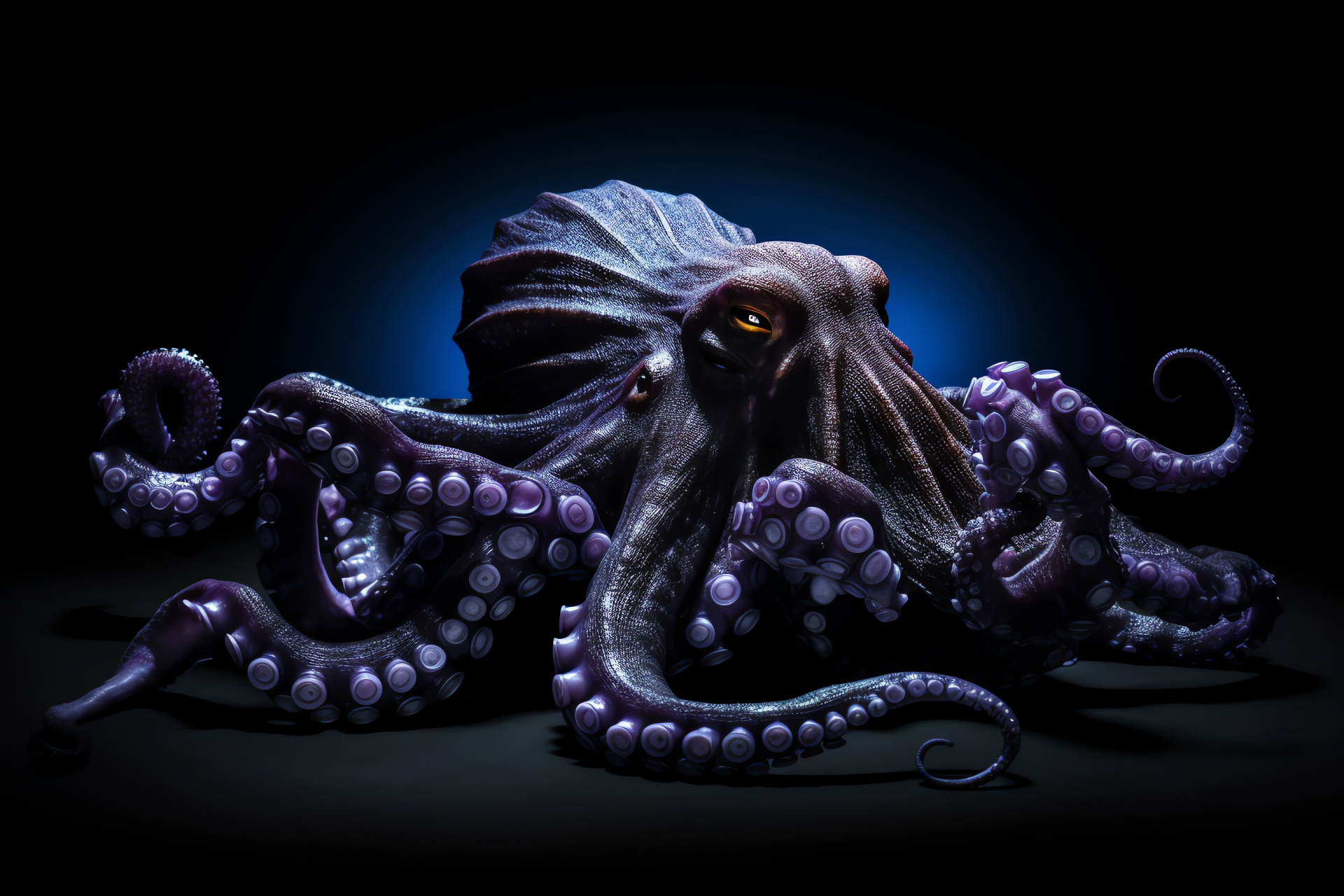 Octopus, deep-sea mystery, glowing eyes, shadow lurker, curling tentacles, HD Desktop Wallpaper