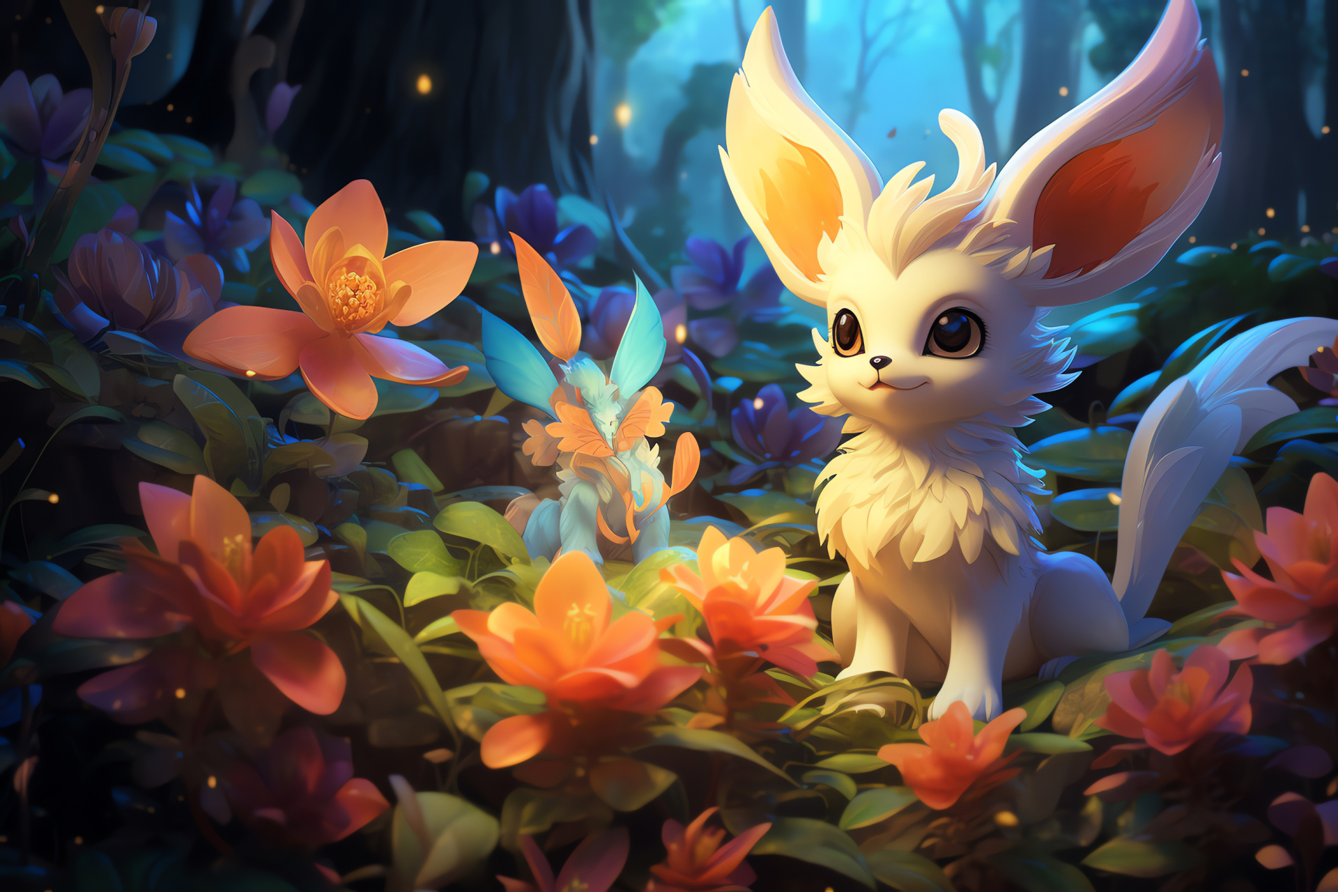 Eevee progression, halcyon environ, floral abundance, Vaporeon presence, calm waterscape, HD Desktop Image