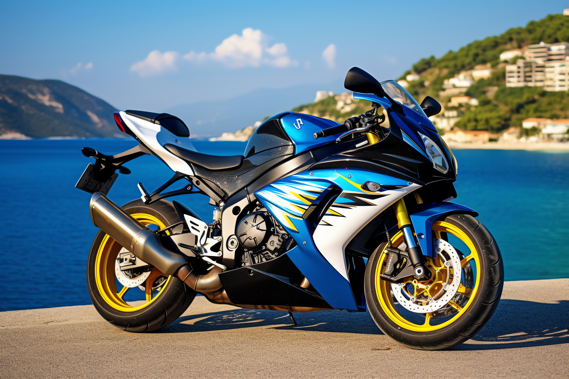 Suzuki GSXR 750 Riviera ride, Coastal motorcycle journey, French Mediterranean views, Low-angle biking beauty, Sportbike touring experience, HD Desktop Wallpaper