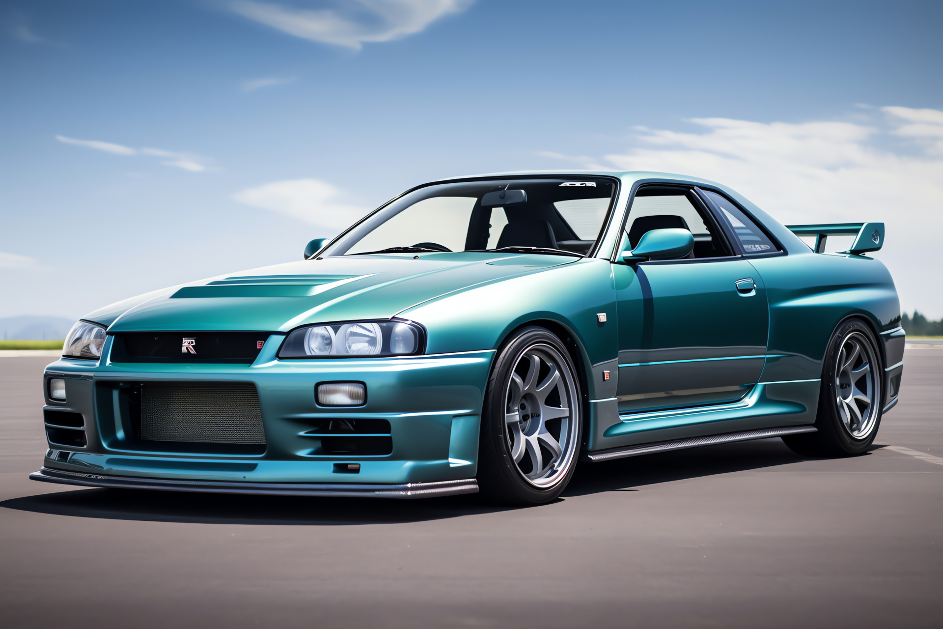 Nissan Skyline GTR R33 backdrop, Duo-tone, Sleek appearance, Automotive paint, Sports model, HD Desktop Image