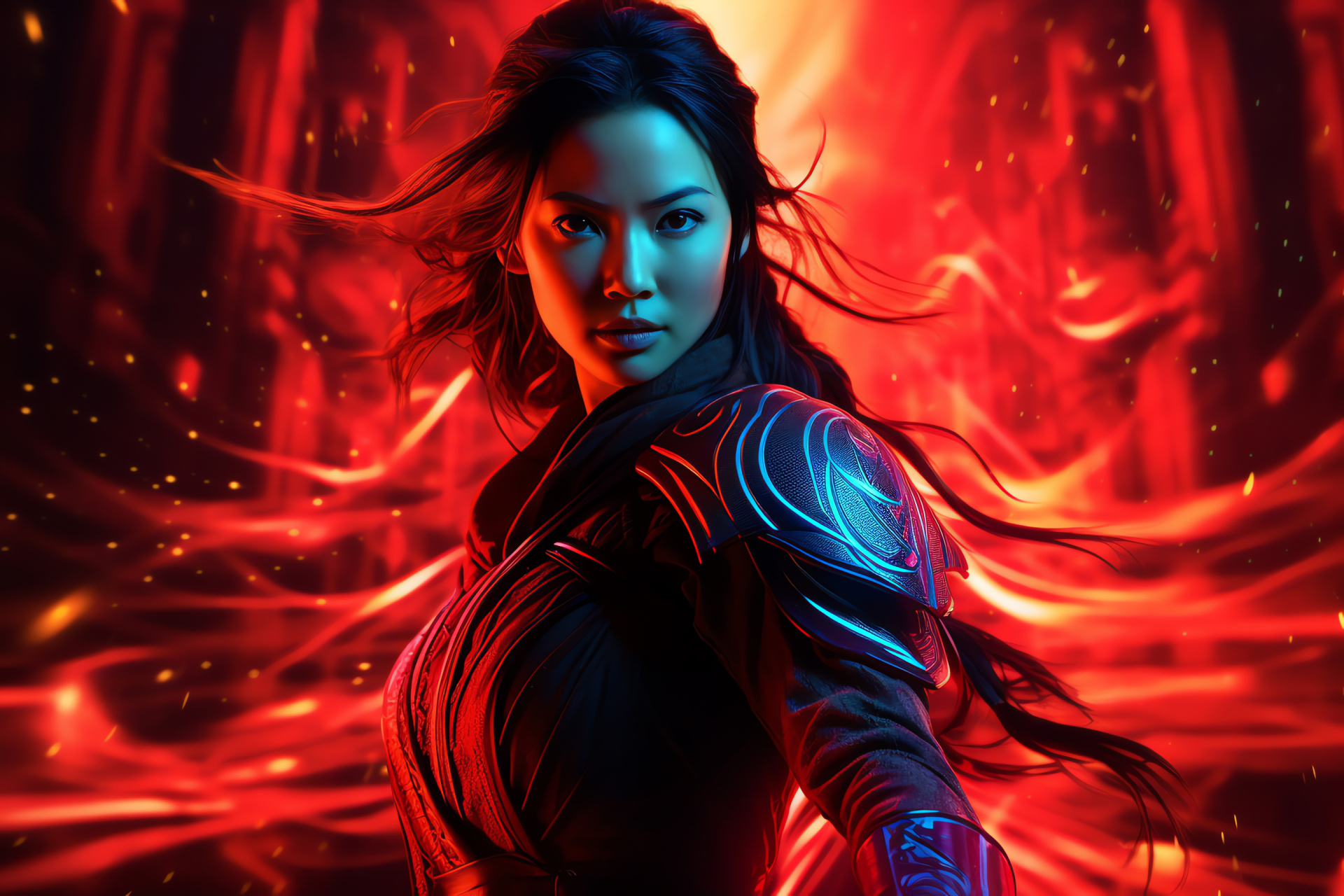 Mulan in combat gear, Fiery phoenix emblem, Red and gold attire, Mythical neon effects, Cinematic costume, HD Desktop Image