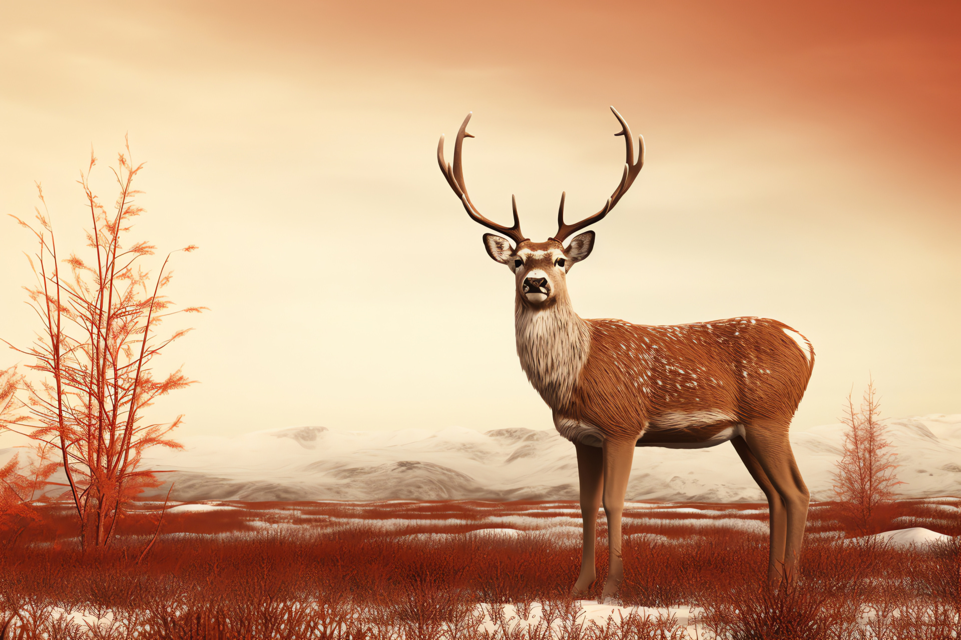 Gentle reindeer stare, Red scenic background, Winter camouflage, Arctic fauna, Silent observer, HD Desktop Wallpaper