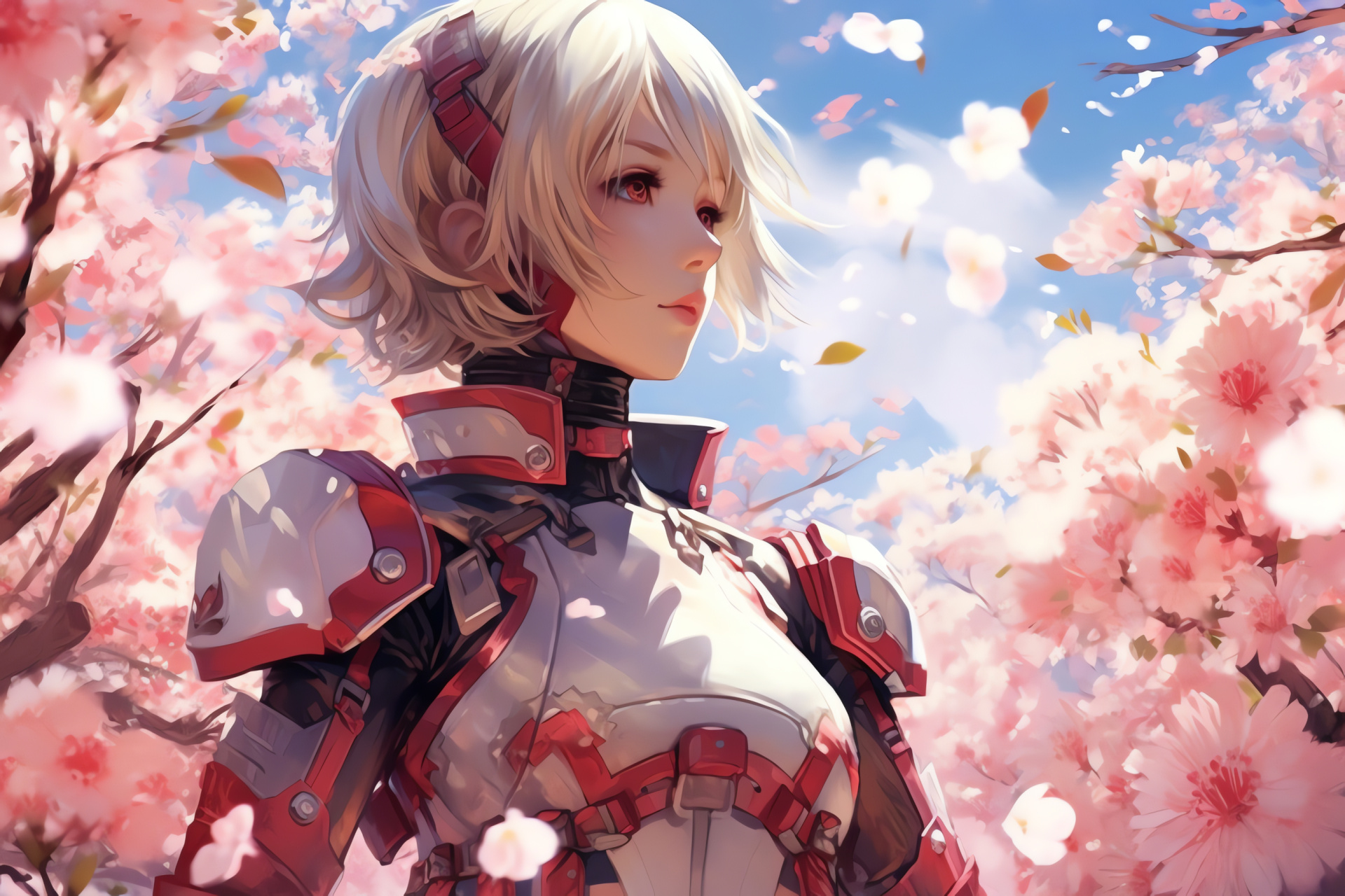 Aigis, Cherry blossoms backdrop, Springtime theme, Robotic human form, Floral scenery, HD Desktop Image