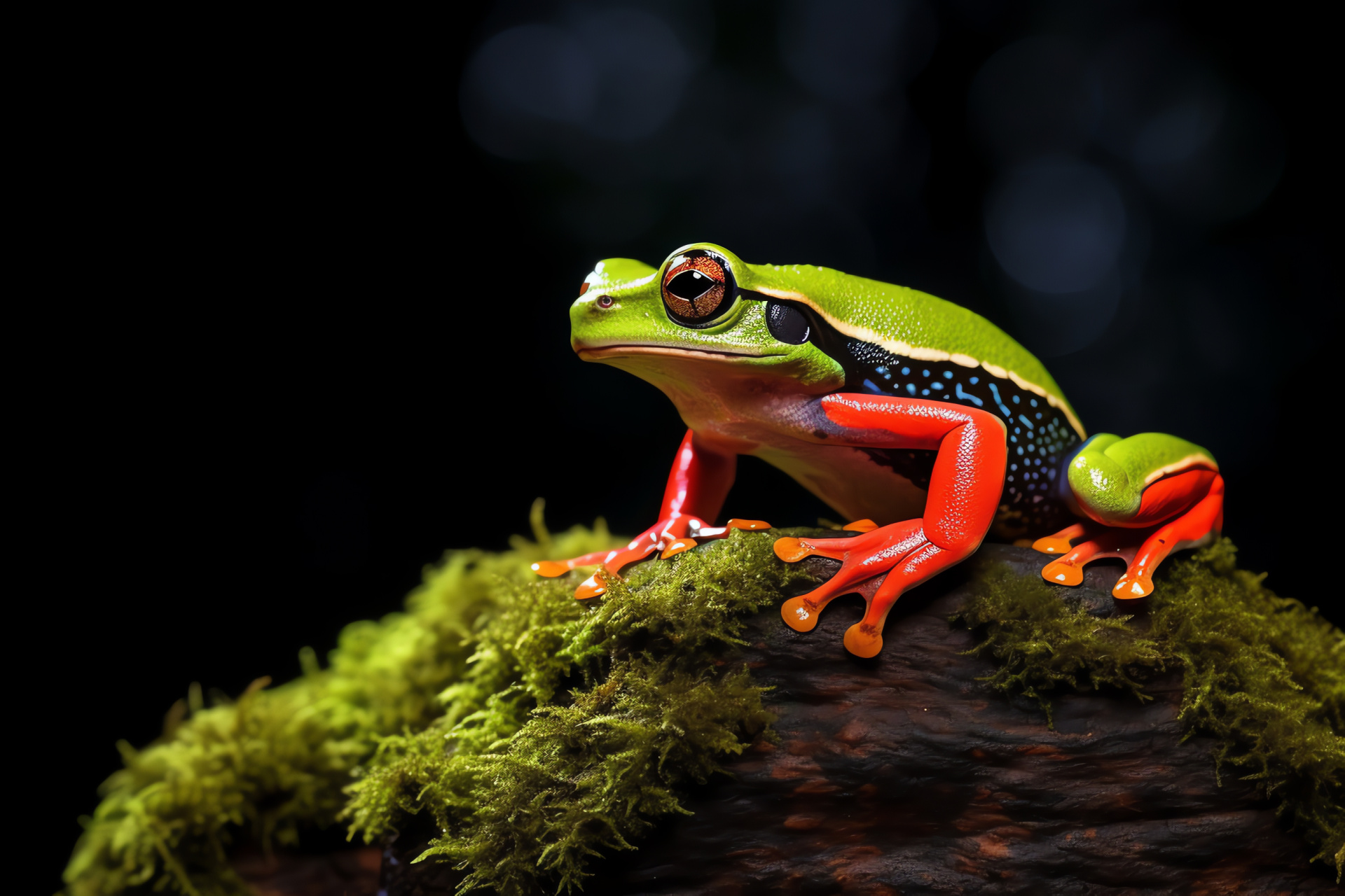 Tree Frog, Amphibian species, Green-black pattern, Natural rock habitat, Red background contrast, HD Desktop Wallpaper