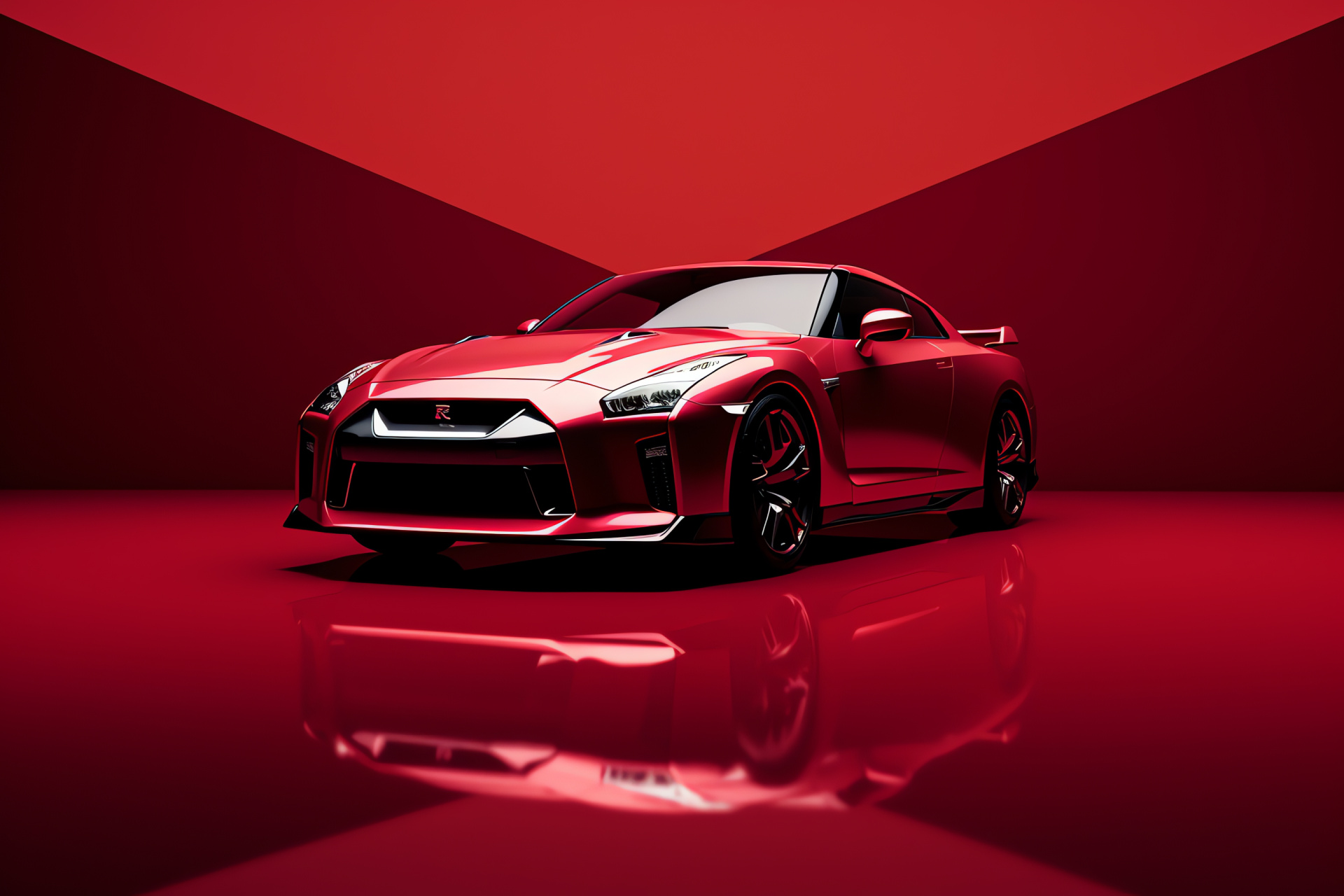 Nissan GTR R35, Twin-turbo dominance, Turbocharged V6 heart, Carmine luster, Iconic model tribute, HD Desktop Wallpaper