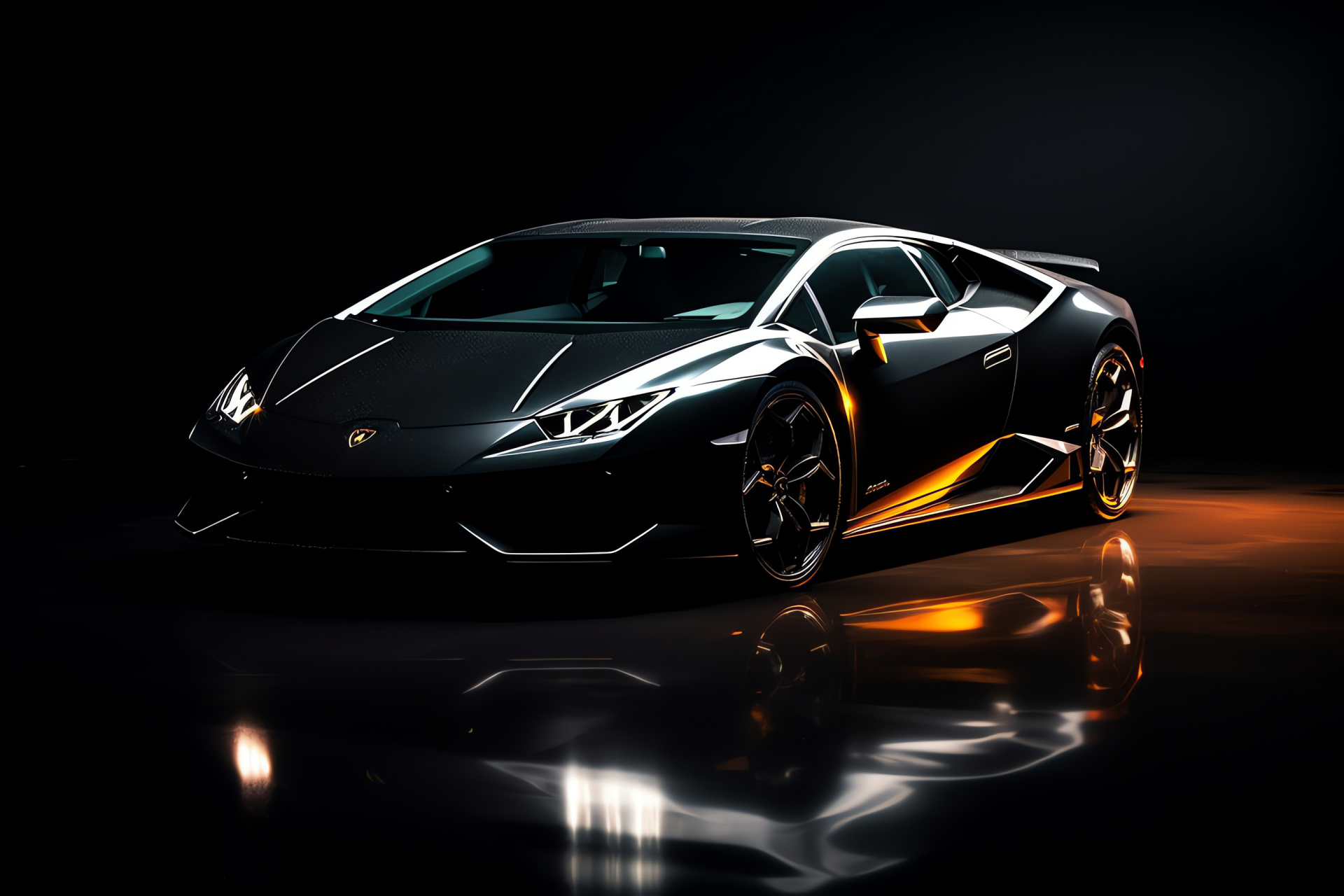 New Lamborghini, overseeing camera angle, Dark sleek background, Bright neon contrast, Dramatic effect, HD Desktop Wallpaper