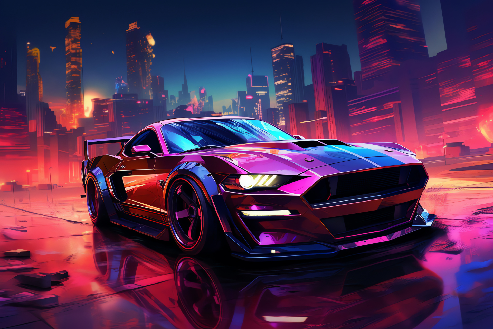 Mustang car, Aerial perspective, Futuristic cityscape, Cyberpunk aesthetics, Neon glow, HD Desktop Image