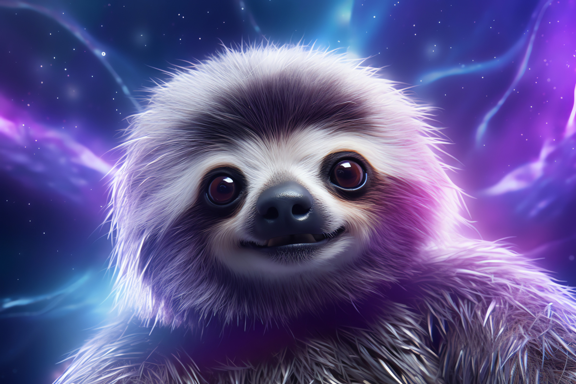 Astral Sloth depiction, Dense fur texture, Vibrant ocular tones, Infinite cosmos backdrop, Intergalactic allure, HD Desktop Wallpaper