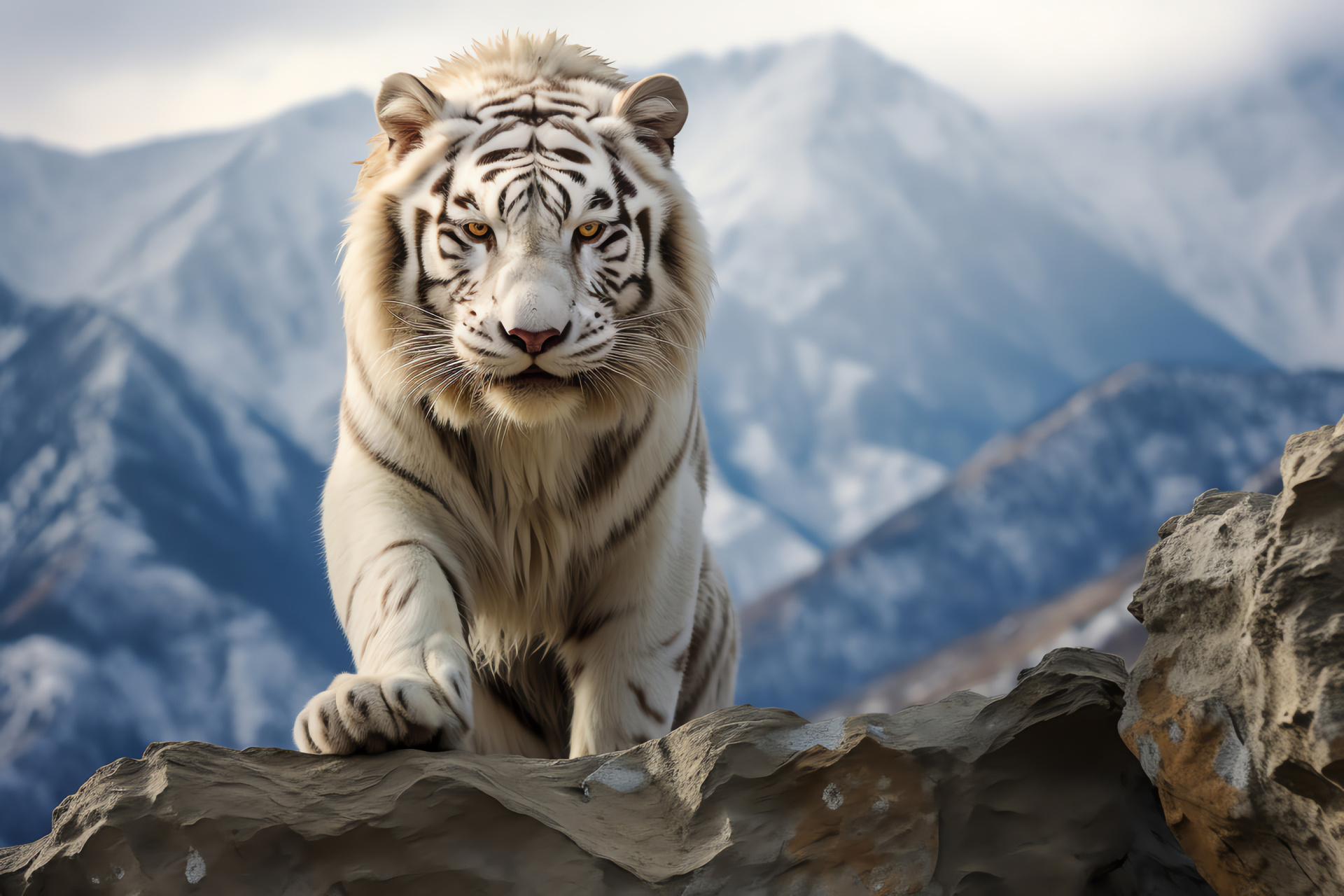 Graceful White Tiger, stealthy hunter, luxurious stripes, snowy backdrop, silver glint, HD Desktop Image