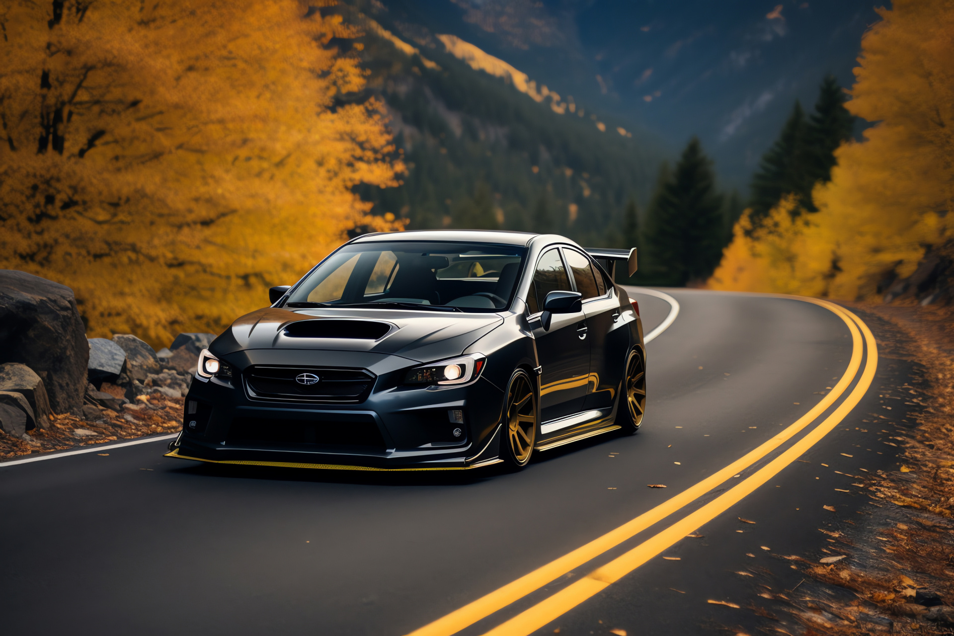 Subaru WRX STI modification, Rally-bred performance, Mountain road agility, Autumn driving conditions, Enthusiast's choice, HD Desktop Wallpaper