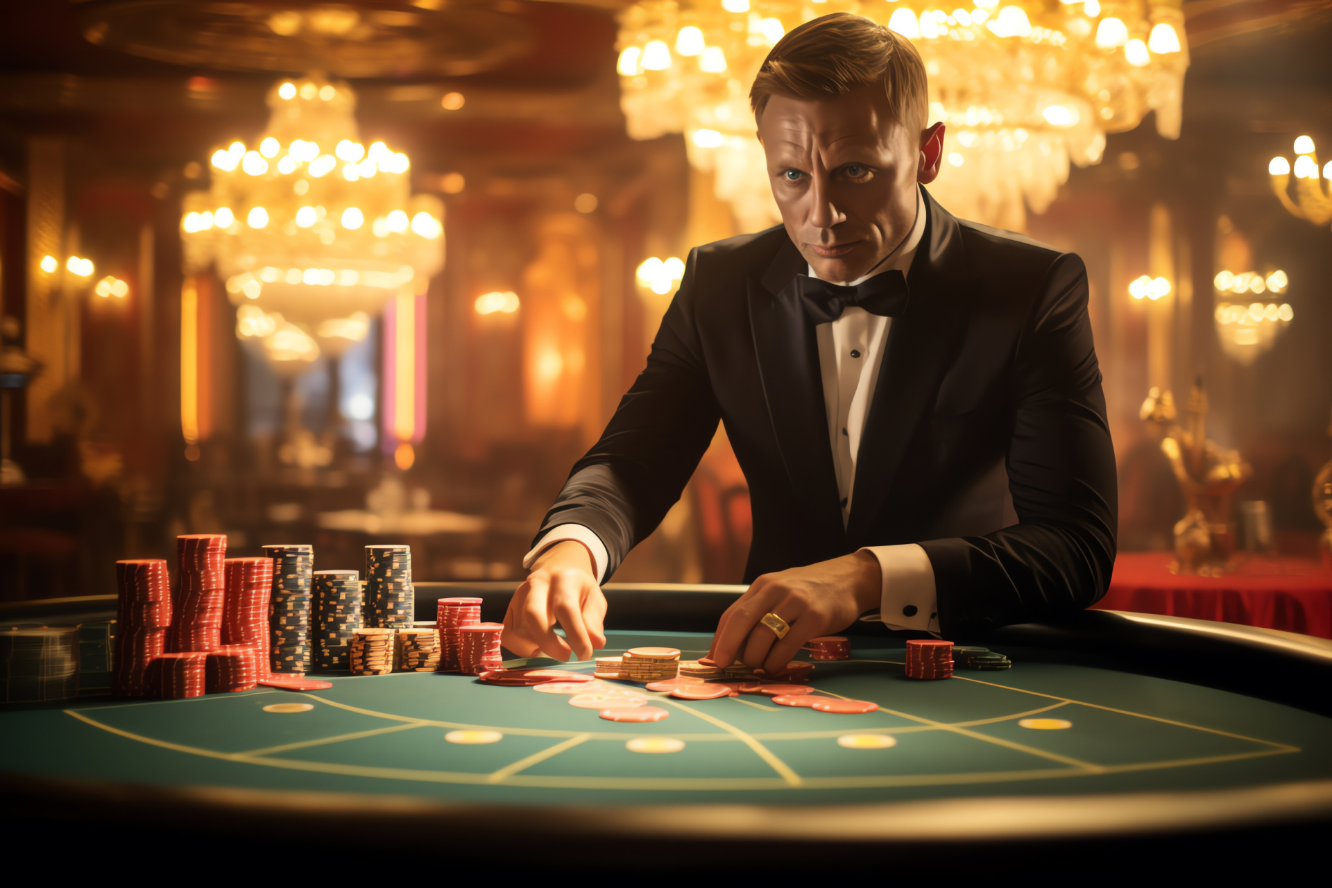 Ian Fleming's character, Casino spectacle, High-stakes gambling, Elegant atmosphere, Classic spy tale, HD Desktop Image