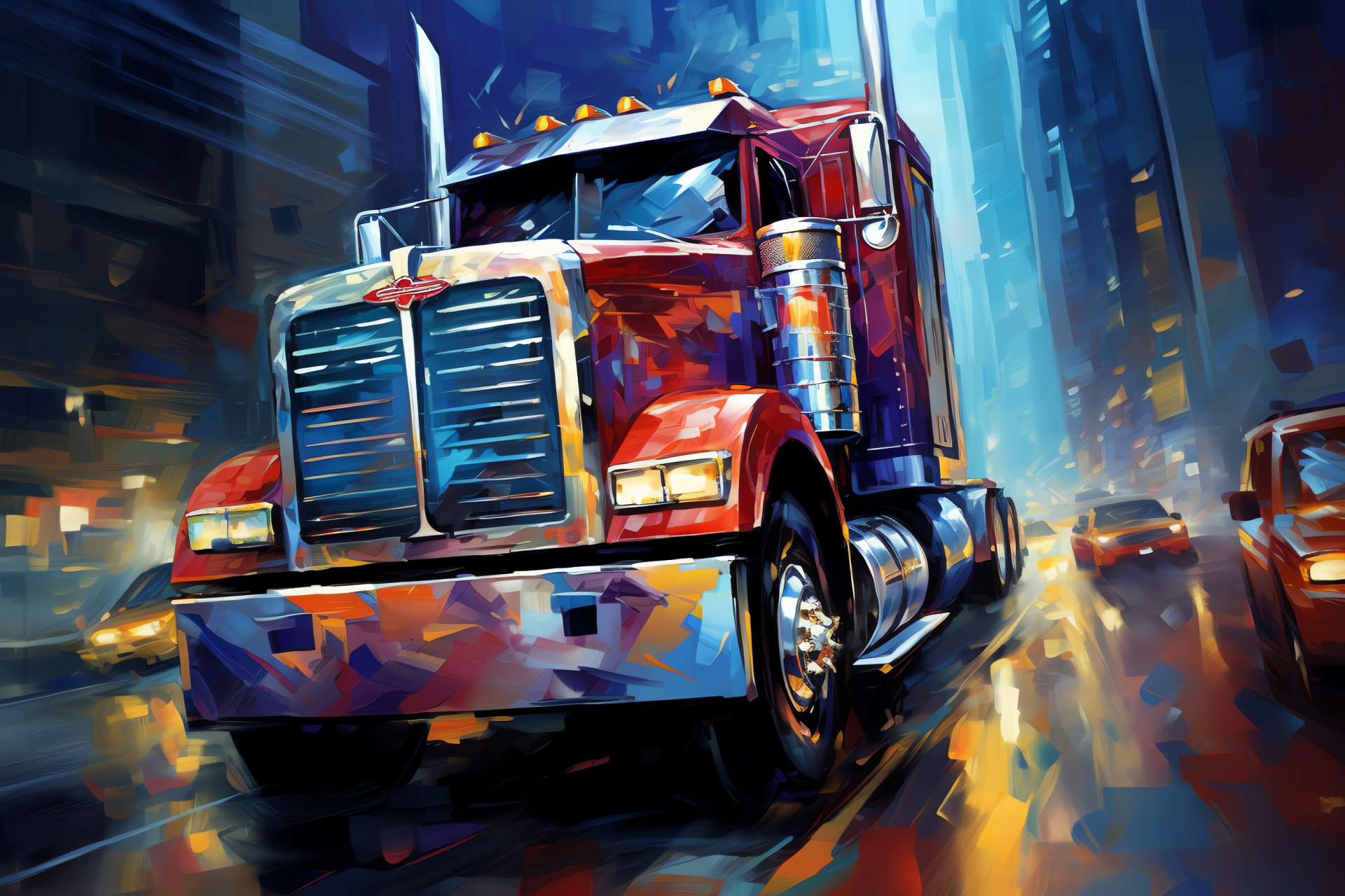 Optimus Prime, semi-truck, industrial scenery, towering structures, reflective surfaces, HD Desktop Image