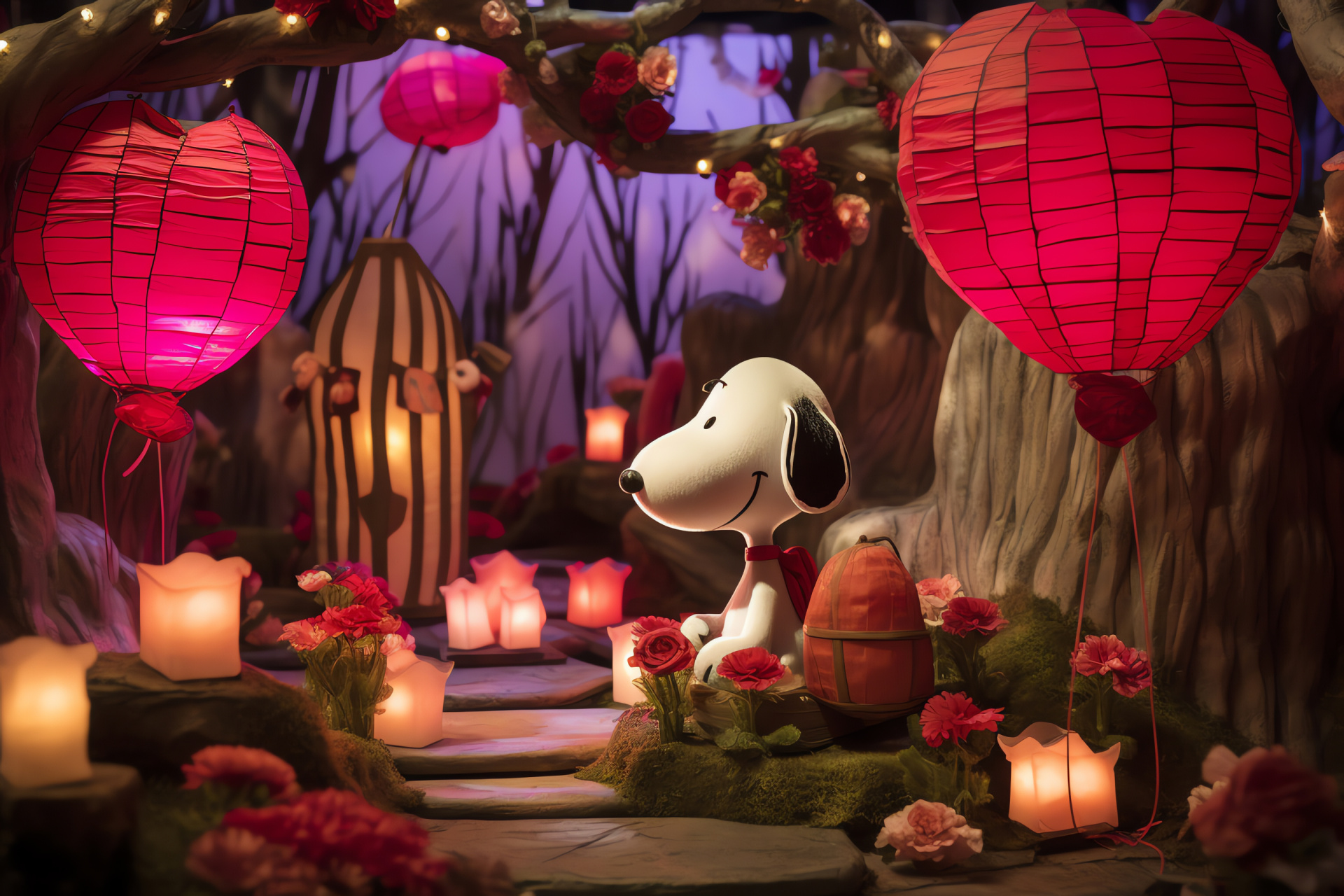 Romantic Snoopy scene, mystical wooded area, illuminated affection, floral headwear, friendly fauna, HD Desktop Image