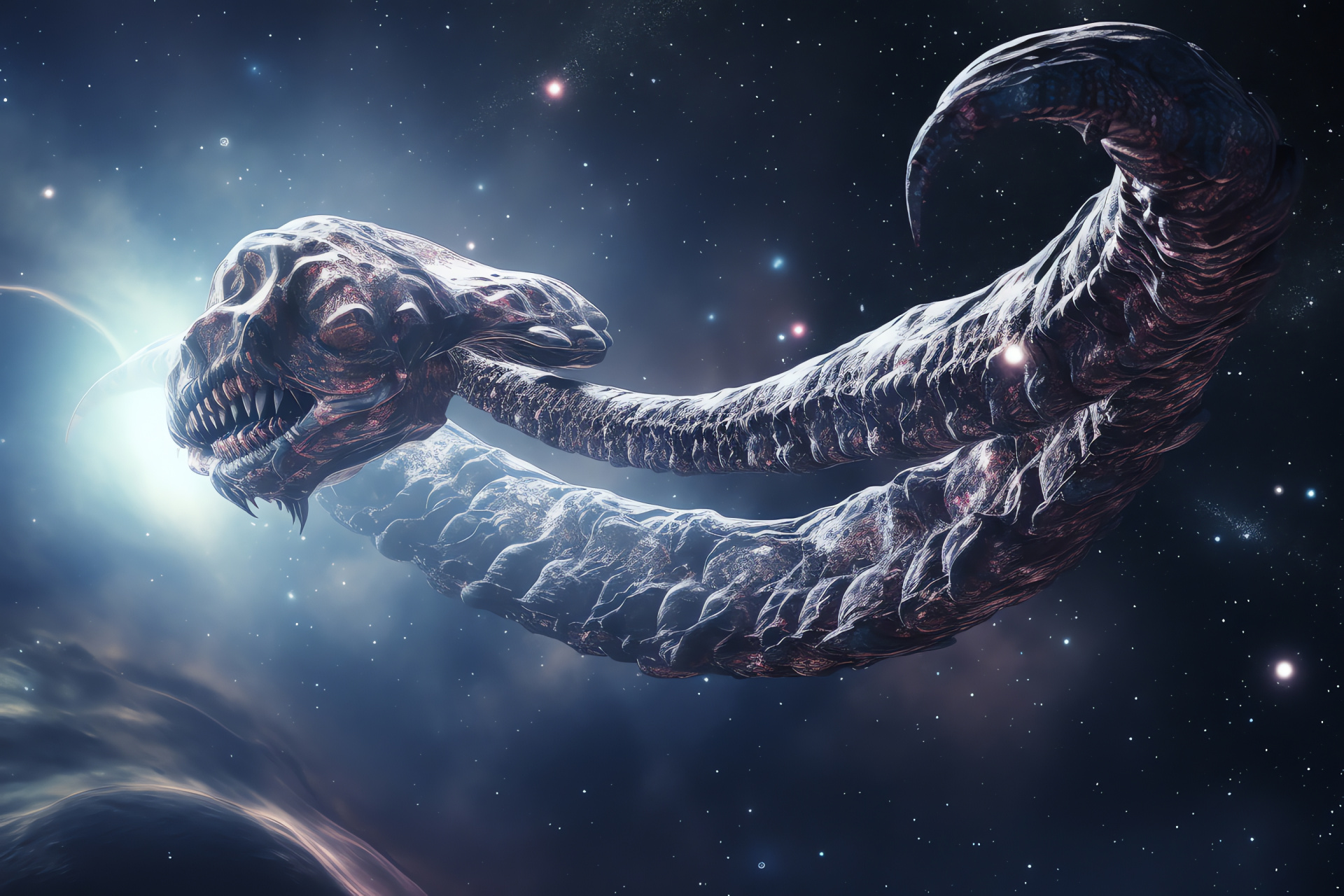 Lunar orbit inhabitant, Space entity, Cosmic serpent, Nebular backdrop, Sparkling cosmic dust, HD Desktop Wallpaper