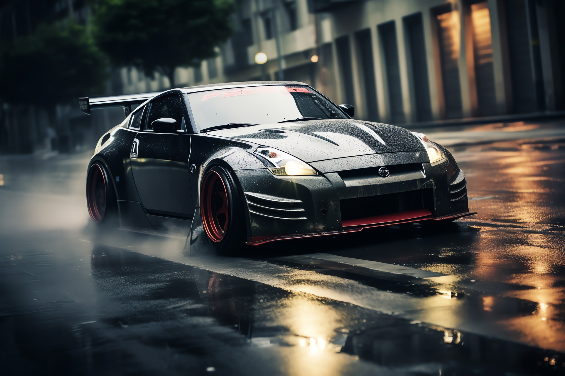 Street-style Rocket Bunny kit, Nissan 350Z build, Urban environment, Low angle automotive shot, Dynamic driving, HD Desktop Image