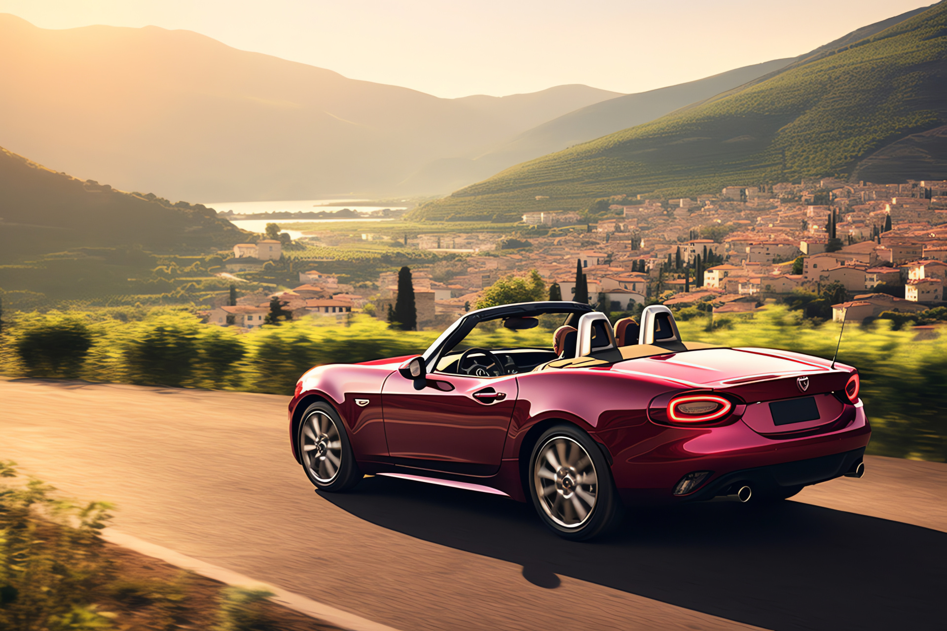 Pink Fiat 124 Spider, idyllic Italian country, curvaceous hillside roads, verdant vineyard landscapes, rustic charm, HD Desktop Image
