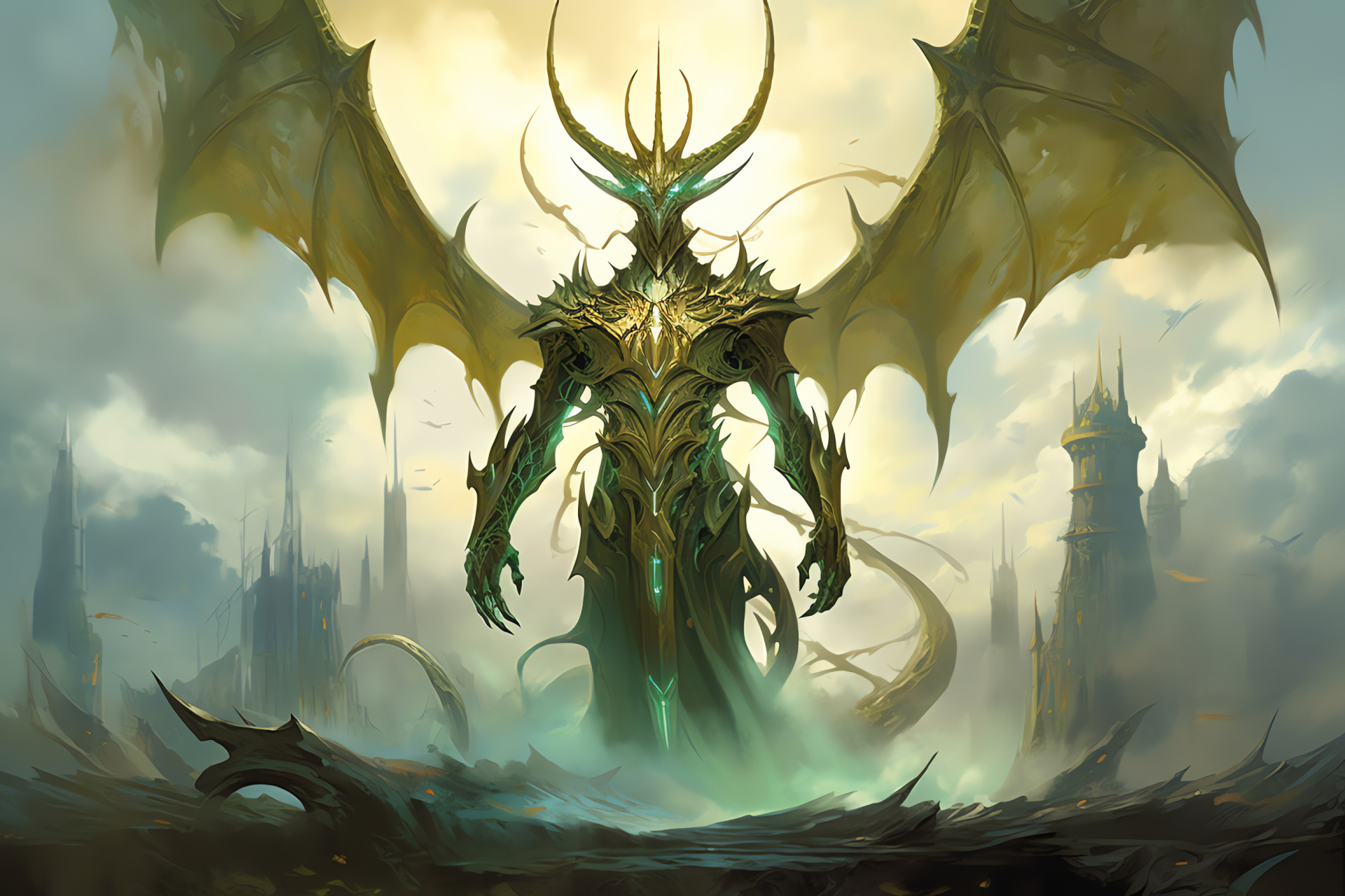 Nicol Bolas's reign, Magic: The Gathering scene, Zendikar's landscape, post-battle destruction, omnipotent character, HD Desktop Wallpaper