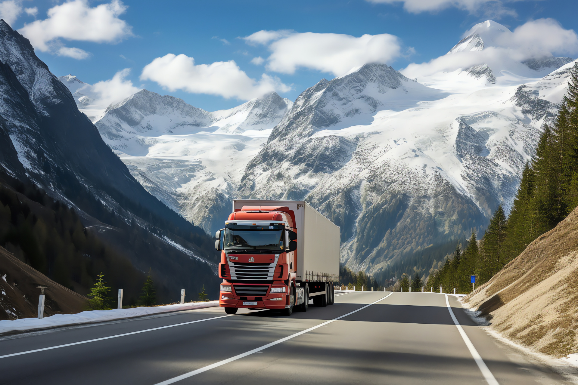 Alpine journey of Semi Truck, Swiss landscapes, cargo transit, snowy mountain scenery, HD Desktop Image