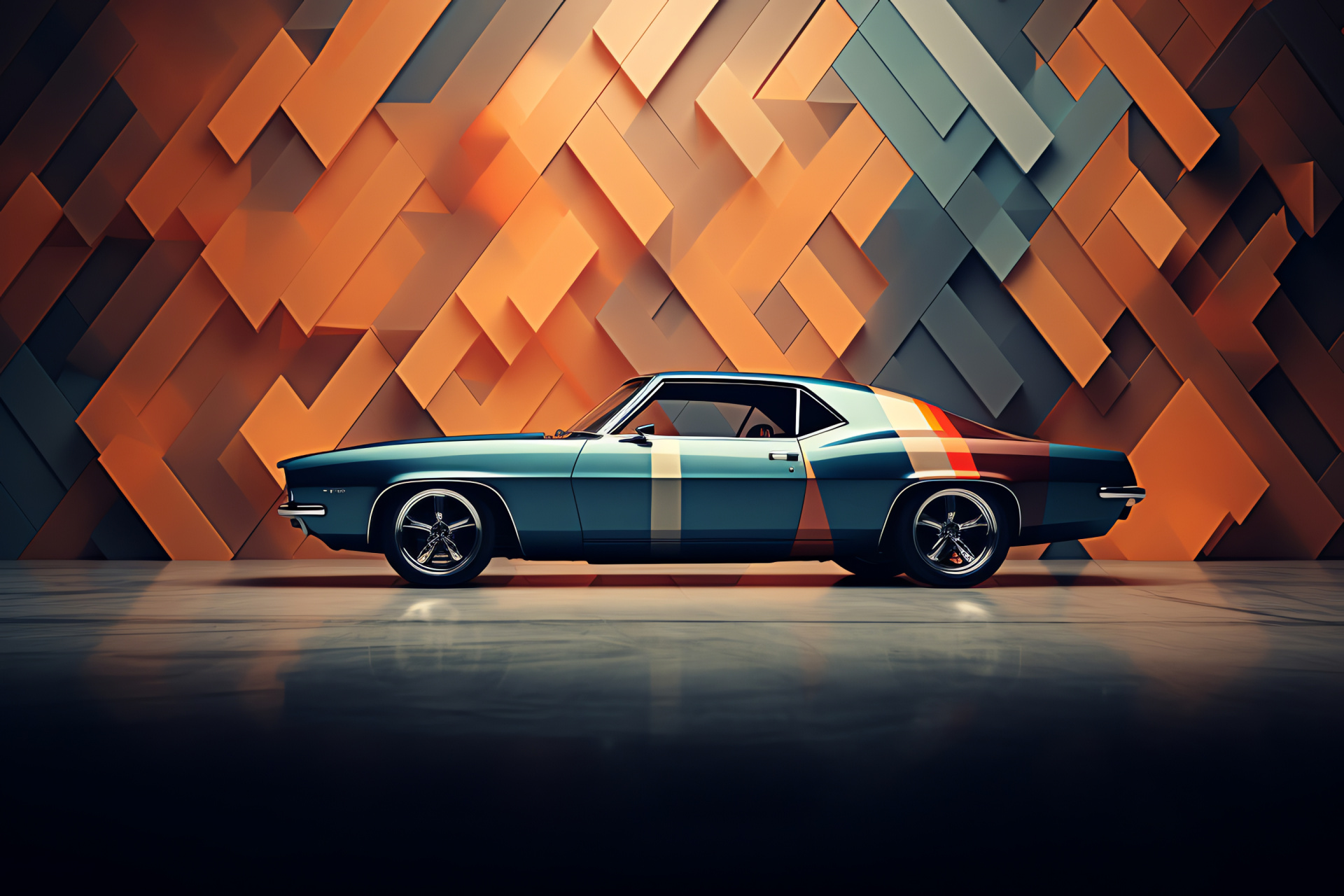 Muscle car amid abstract art, Dynamic drift capture, Precision auto engineering, Reflective car surfaces, Decisive motor strength, HD Desktop Wallpaper