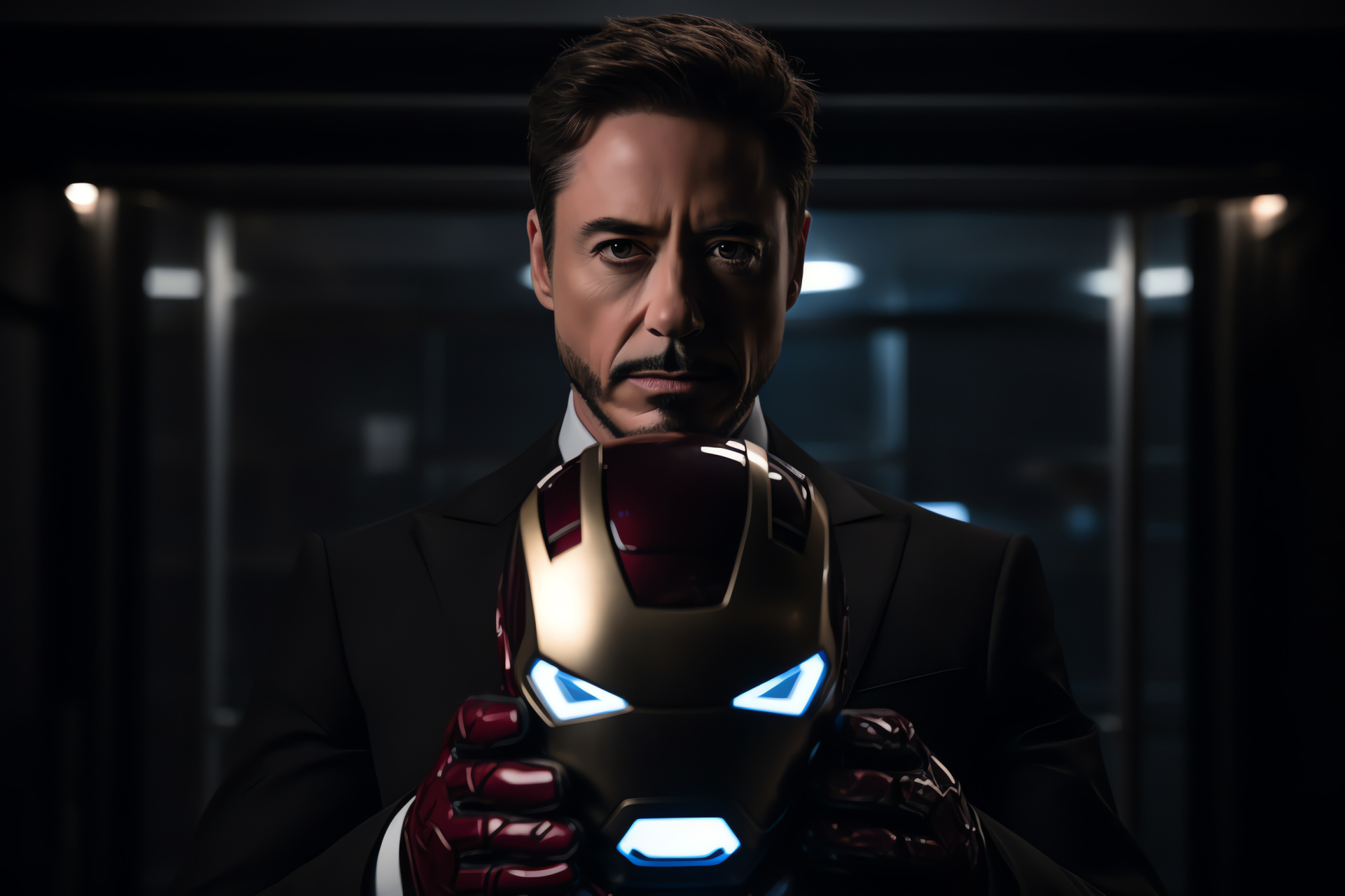 Tony Stark flair, Black formalwear, Iconic helmet, Iron Man gear, Marvel's billionaire, HD Desktop Wallpaper