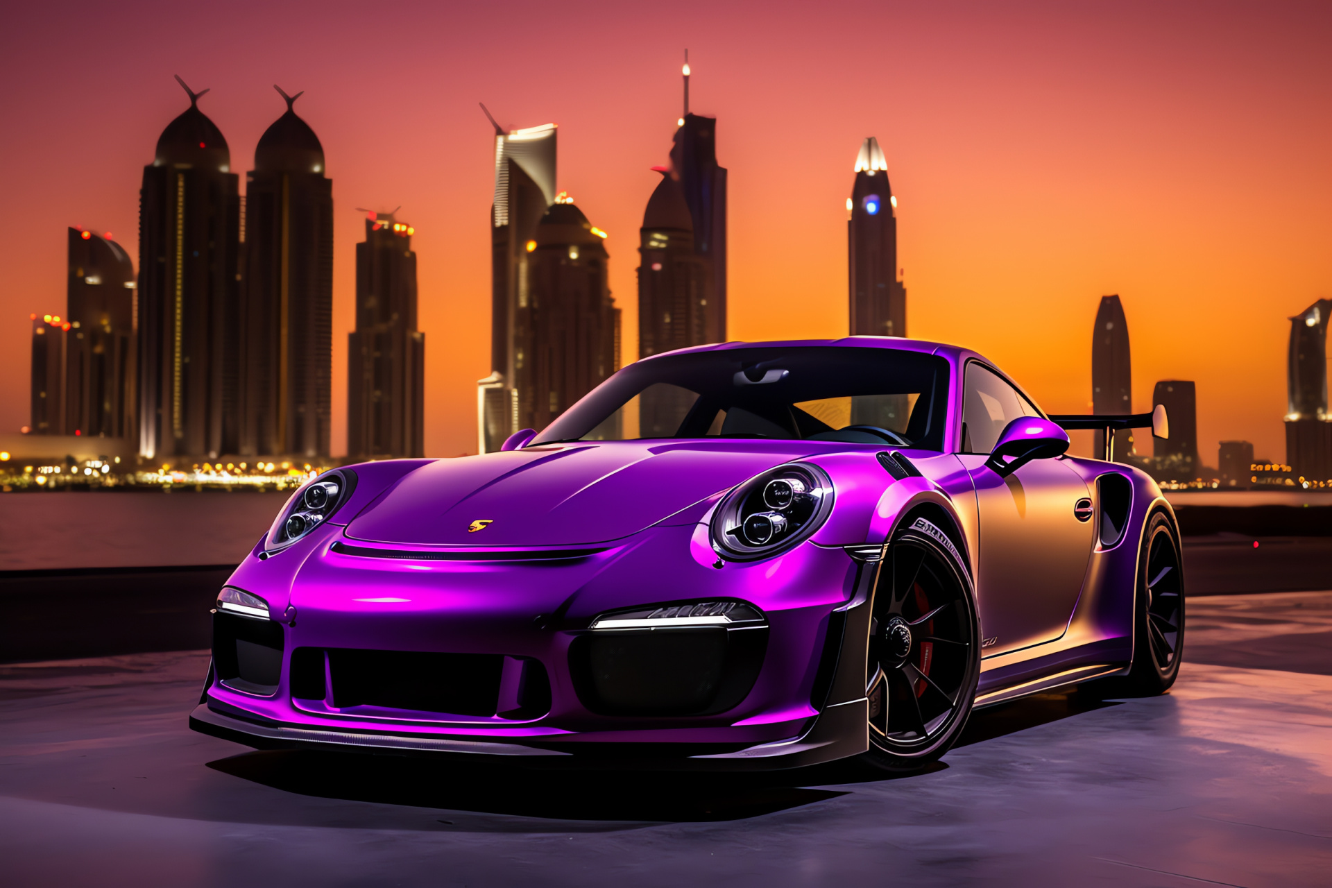 Porsche GT3 RS Middle Eastern luxury, Dubai urban architecture, High-performance sports car, German engineering, Exotic automotive, HD Desktop Image