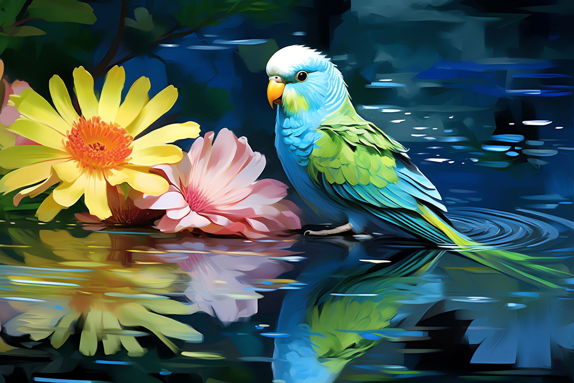 Parakeet, turquoise body, blue eyes, aquatic flora, garden serenity, HD Desktop Wallpaper