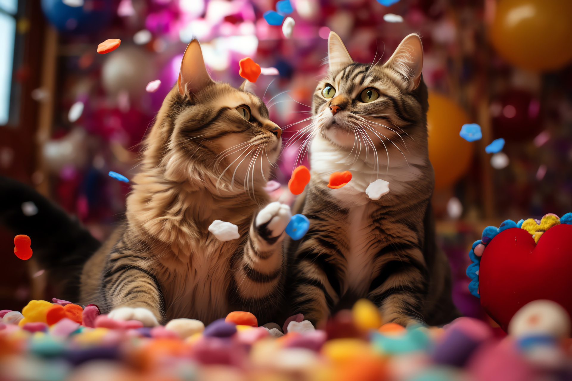 Valentine's Day cat fun, Heart piata, Kitty joy, Festive candy, Celebration confetti, HD Desktop Wallpaper