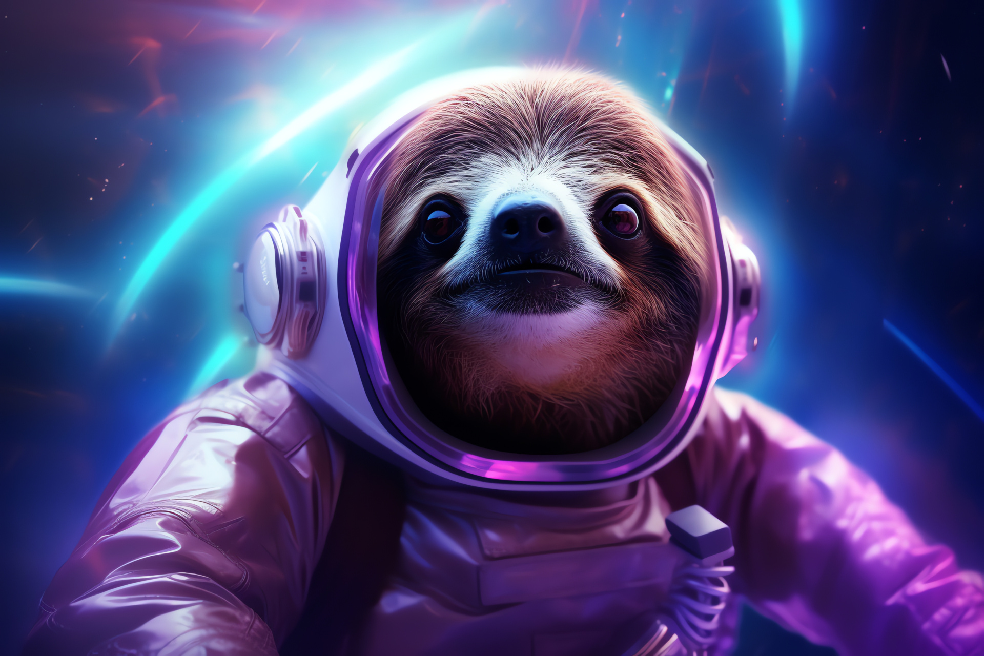 Sloth Astronaut vision, Space ambiance, Pale pink fur, Violet optical trait, Celestial line patterns, HD Desktop Image