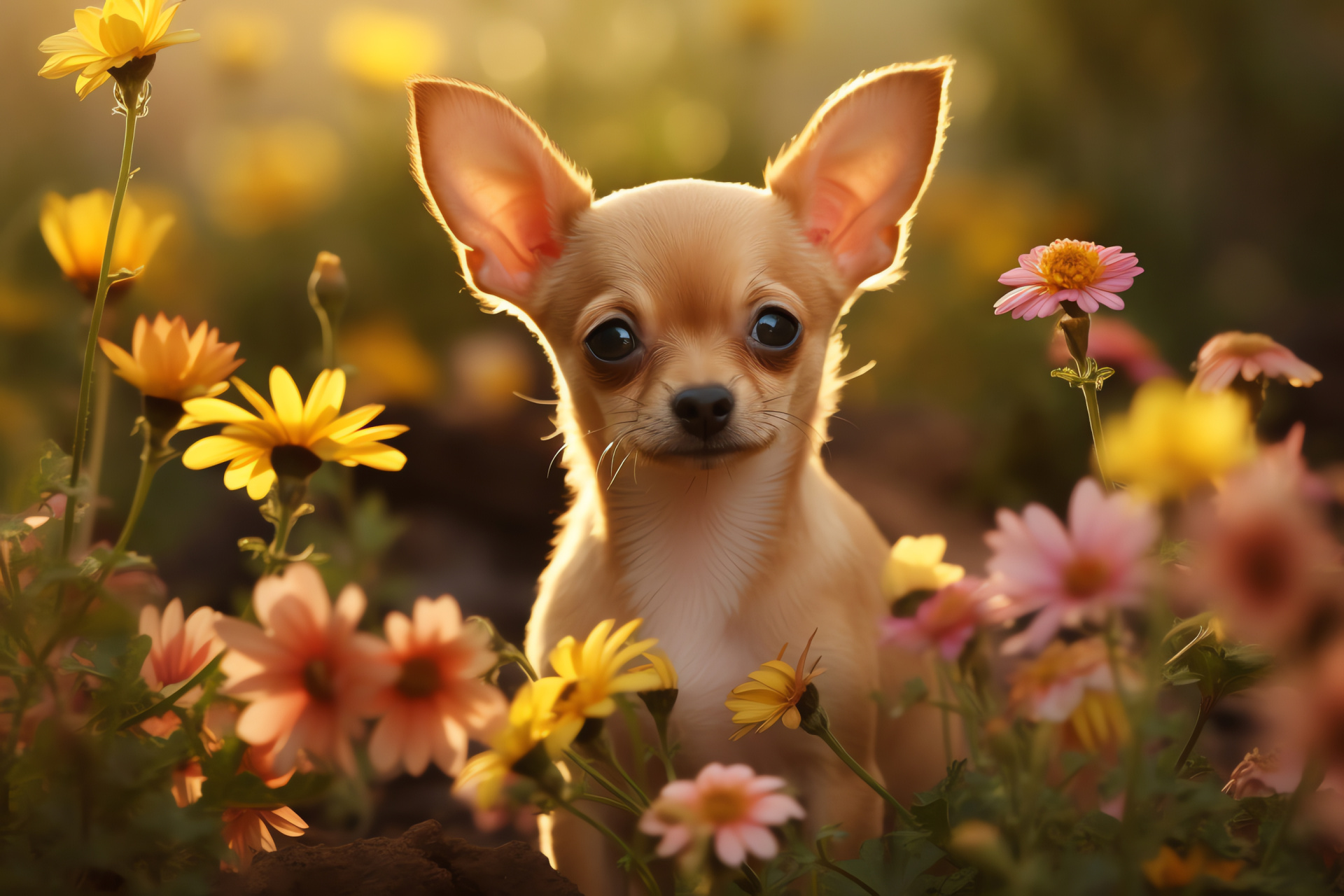 Chihuahua puppy, bright-eyed pet, animal innocence, fawn color, blooming flowers, HD Desktop Wallpaper