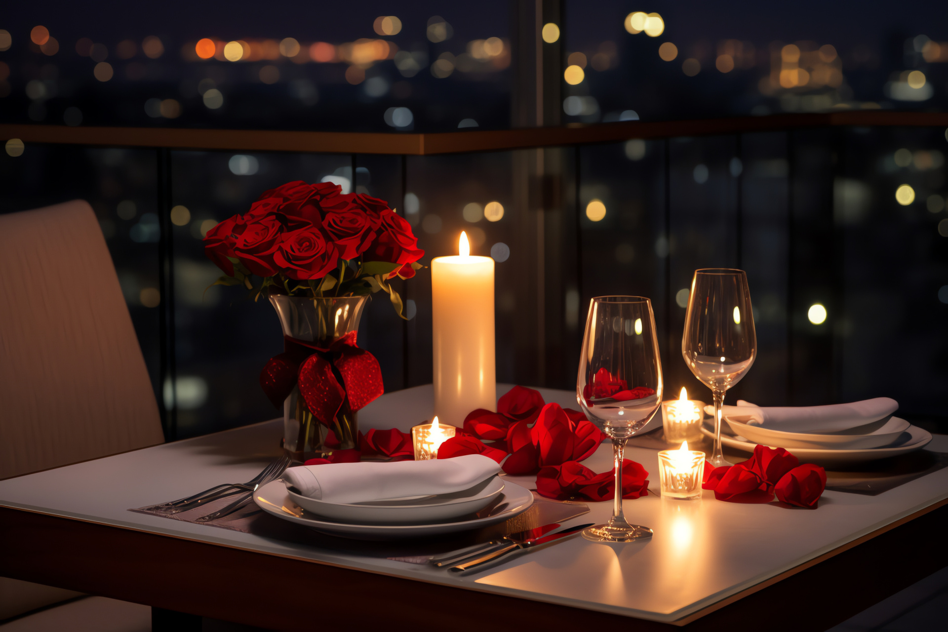 Romantic meal setting, Sky-high eatery, Metropolitan panorama, Sophisticated utensils, Intimate ambiance, HD Desktop Wallpaper