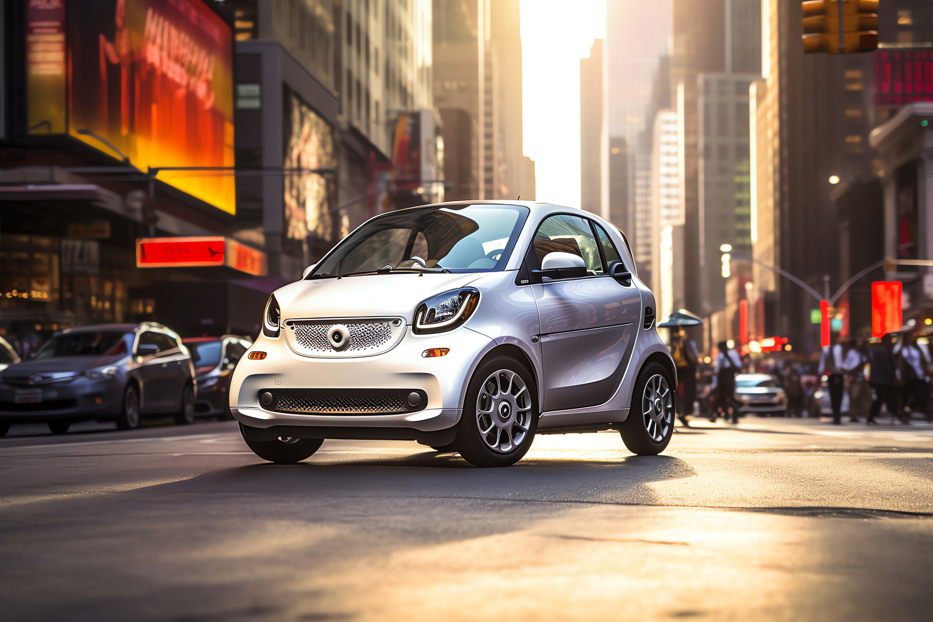 Smart Car NYC, Space-efficient design, Manhattan motoring, Metropolitan backdrop, Iconic skyscrapers, HD Desktop Wallpaper