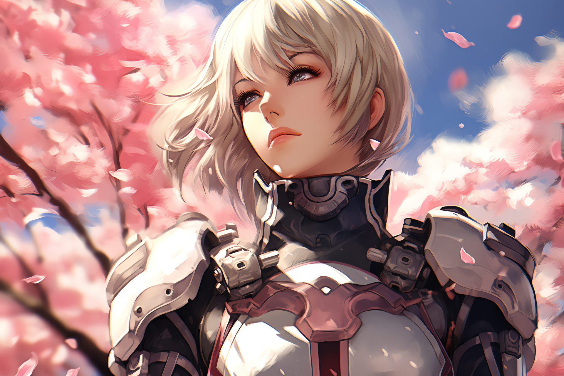 Aigis, Spring fields, Lustrous armor shine, Golden hour effect, Shidarezakura presence, HD Desktop Wallpaper