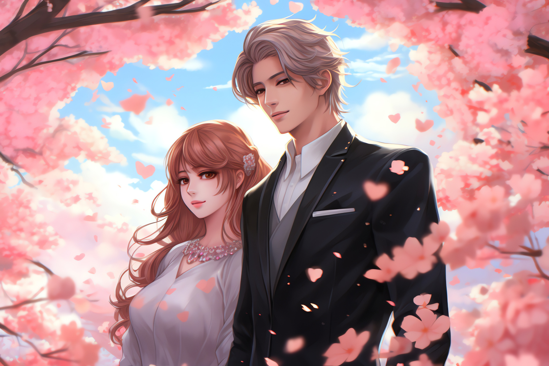 Mystic Messenger game, MC central figure, Sakura garden scene, Blossoming pink flora, Emotional dialogue moments, HD Desktop Wallpaper